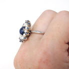 Created Star Sapphire Ring - Mid Century 14k White Gold 2.54 CT Pearl & Sapphire Gem Halo - Circa 1960s Size 6 Fine Flower Cocktail Jewelry