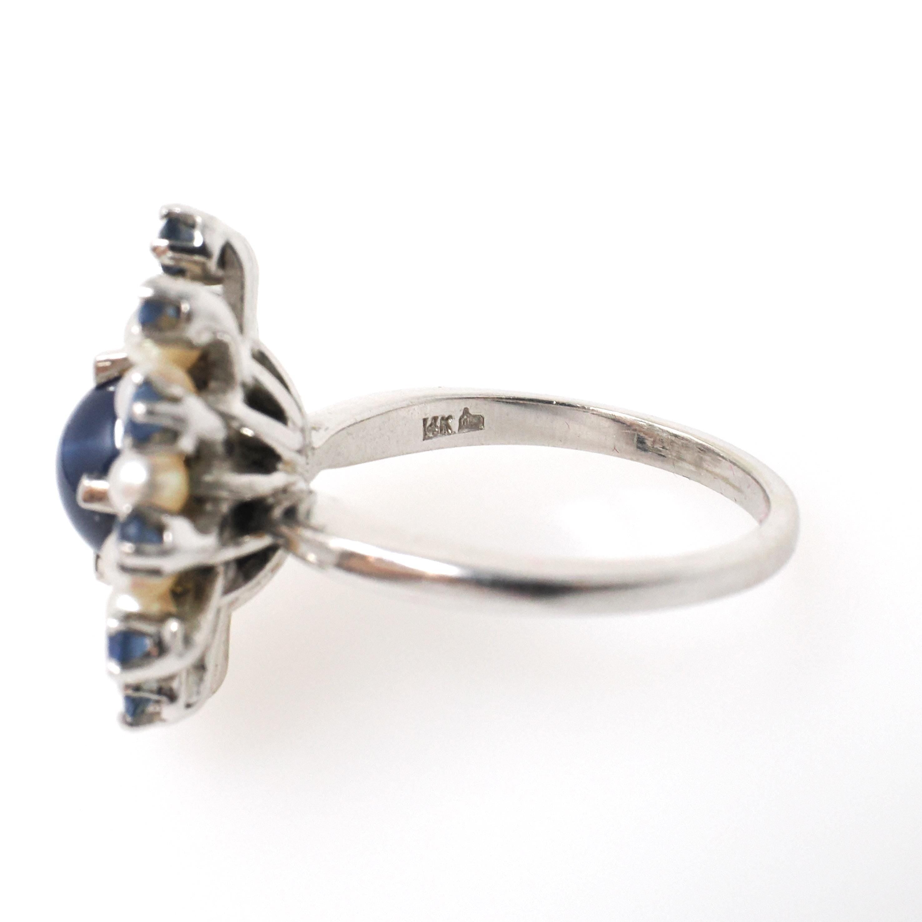 Created Star Sapphire Ring - Mid Century 14k White Gold 2.54 CT Pearl & Sapphire Gem Halo - Circa 1960s Size 6 Fine Flower Cocktail Jewelry
