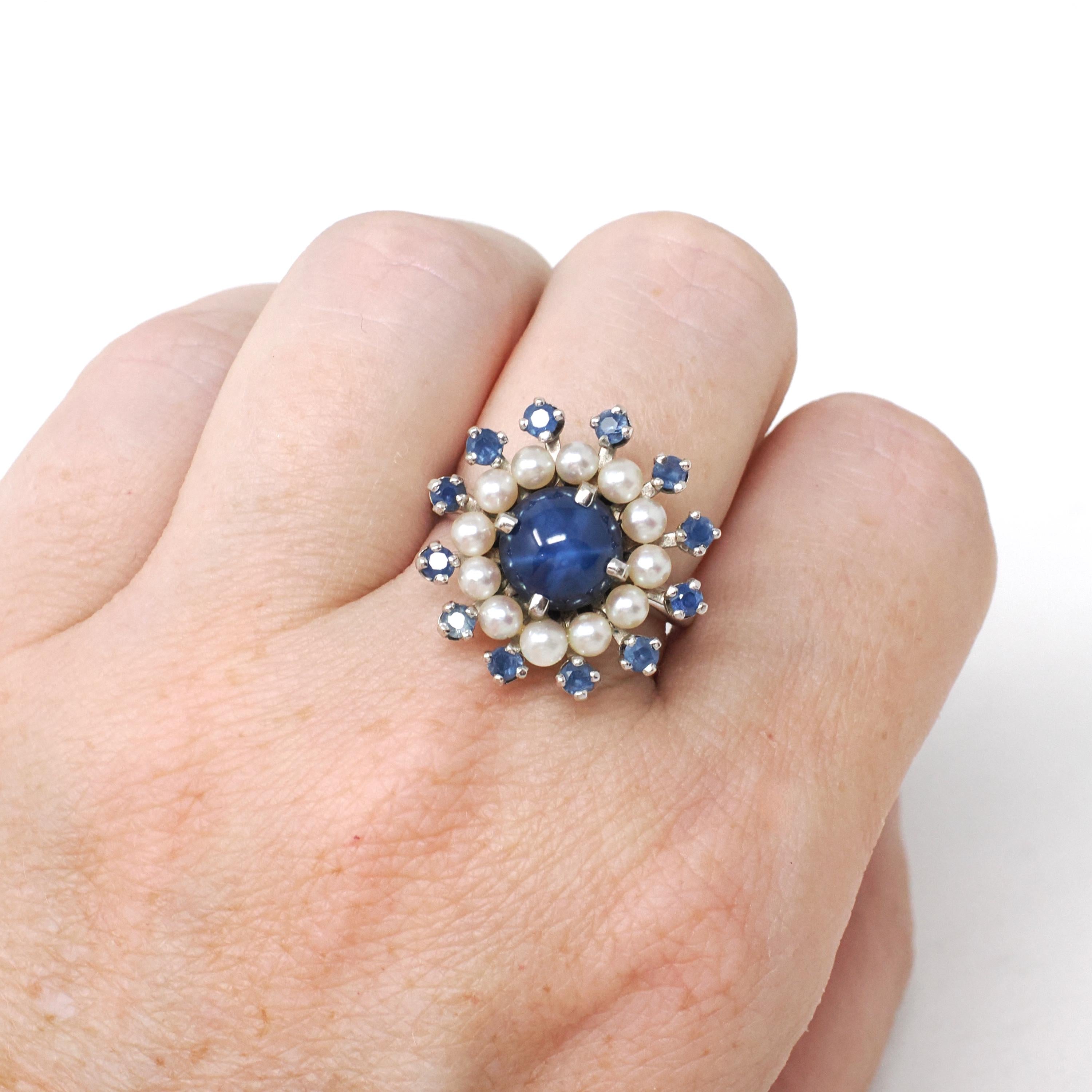 Created Star Sapphire Ring - Mid Century 14k White Gold 2.54 CT Pearl & Sapphire Gem Halo - Circa 1960s Size 6 Fine Flower Cocktail Jewelry