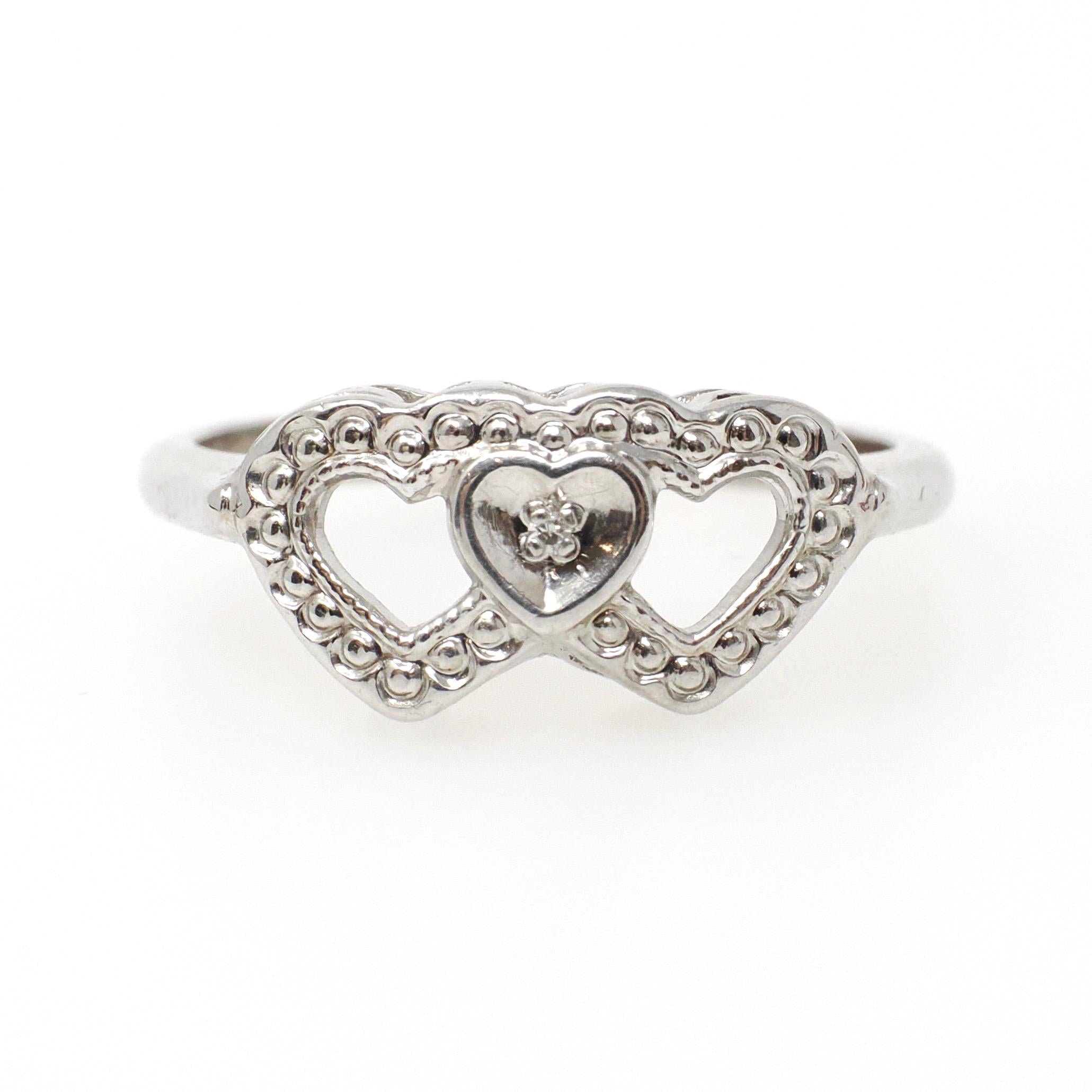Triple Heart Ring - Mid Century 10k White Gold Sweetheart Promise Love - Vintage Circa 1950s Era Size 6 1/4 Natural Diamond Fine Jewelry