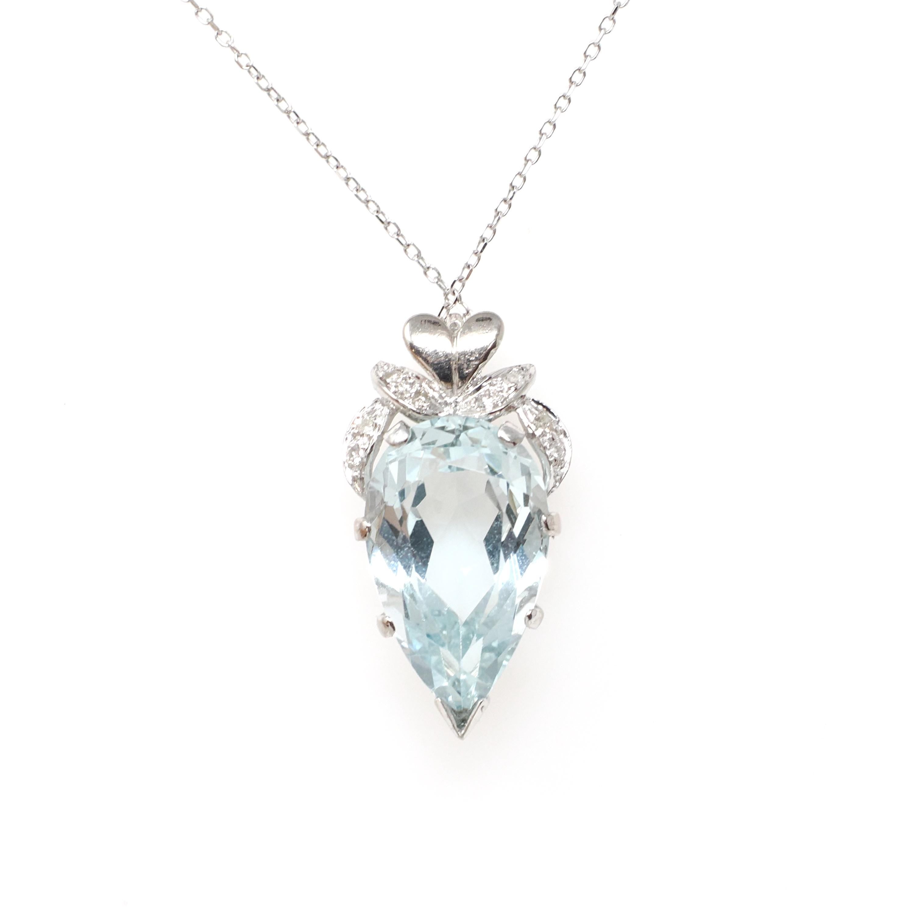Aquamarine Pendant Necklace - Vintage 18k White Gold Natural Light Blue Gem & .10 CTW Diamond Accent Teardrop - Hallmarked 1958 Fine Jewelry