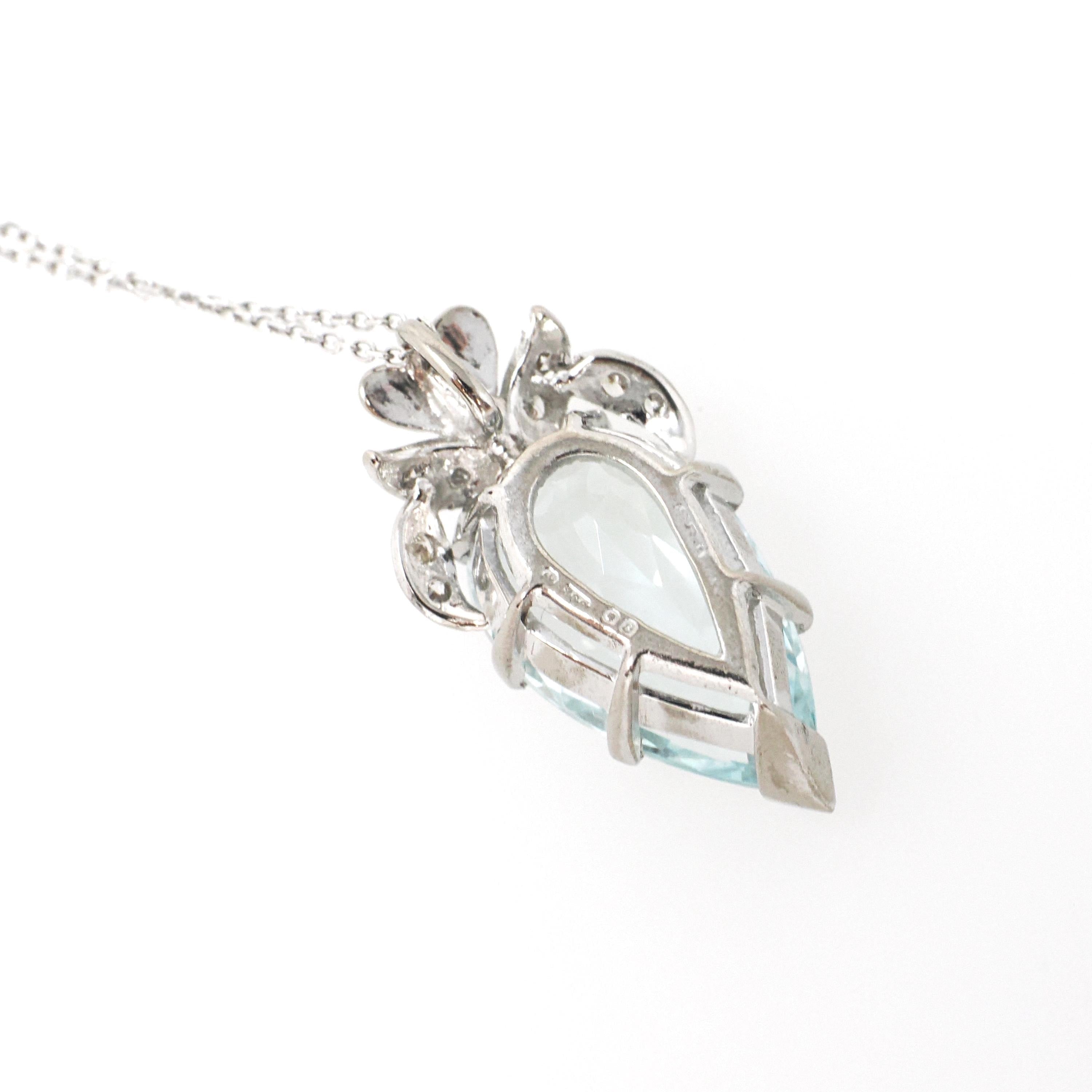Aquamarine Pendant Necklace - Vintage 18k White Gold Natural Light Blue Gem & .10 CTW Diamond Accent Teardrop - Hallmarked 1958 Fine Jewelry