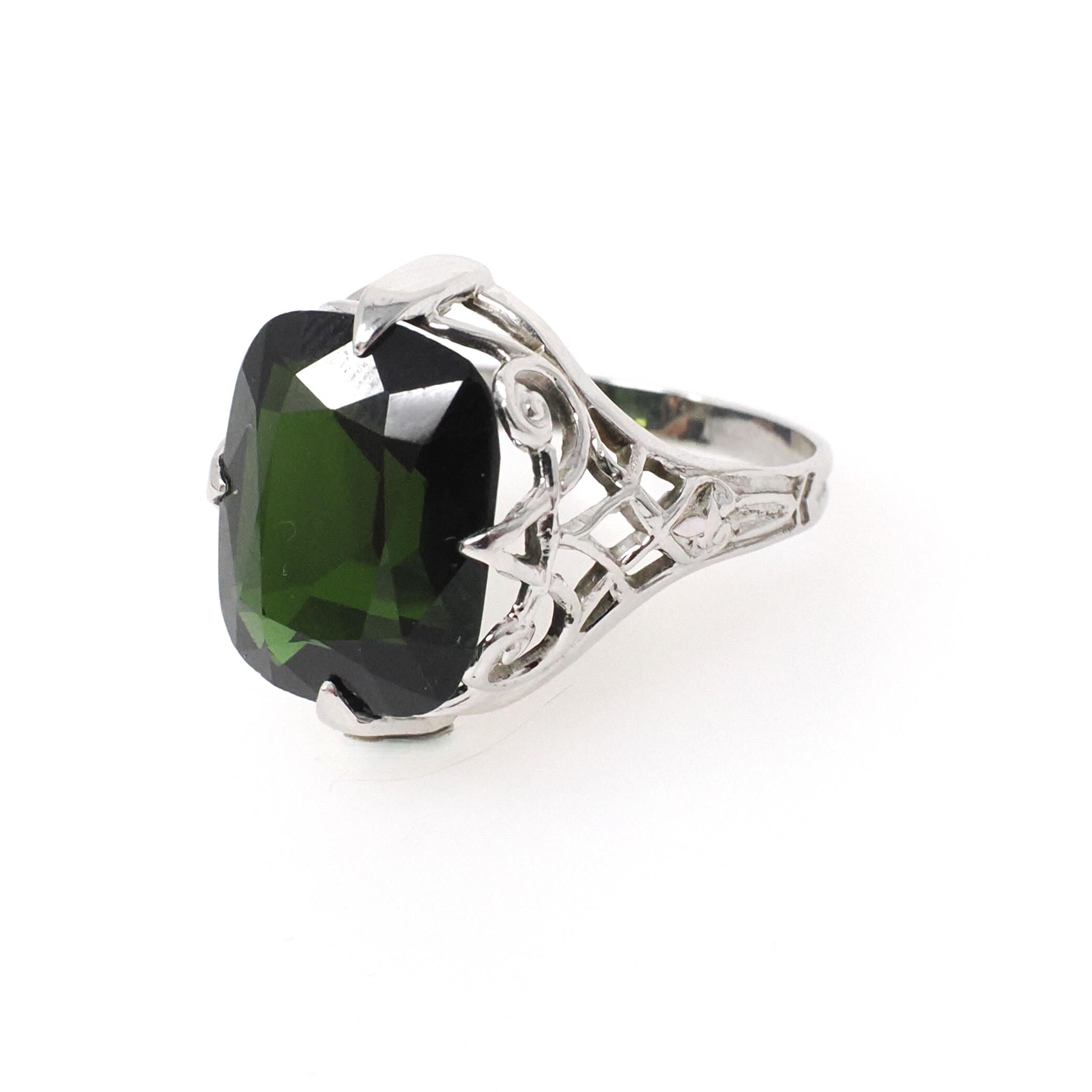 Art Deco Tourmaline Ring - Antique 20k White Gold Dark Green Cushion Gemstone Alternative Engagement - Circa 1920s Size 6 1/2 Fine Jewelry
