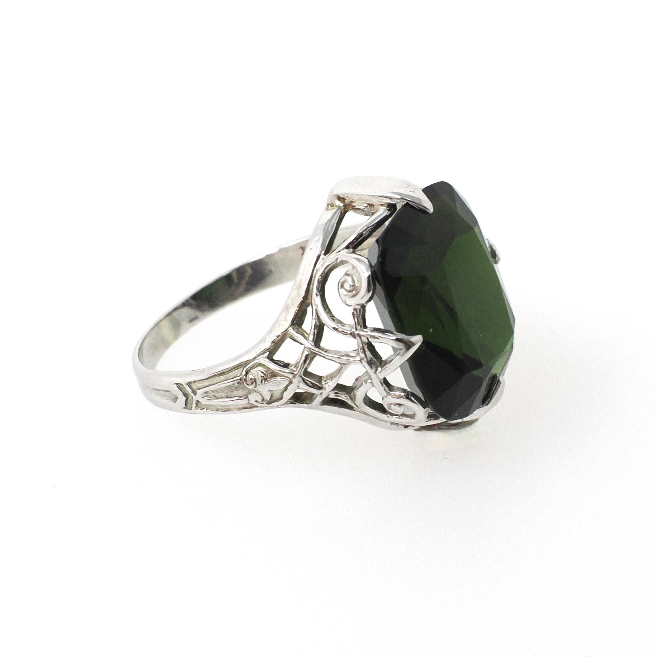 Art Deco Tourmaline Ring - Antique 20k White Gold Dark Green Cushion Gemstone Alternative Engagement - Circa 1920s Size 6 1/2 Fine Jewelry