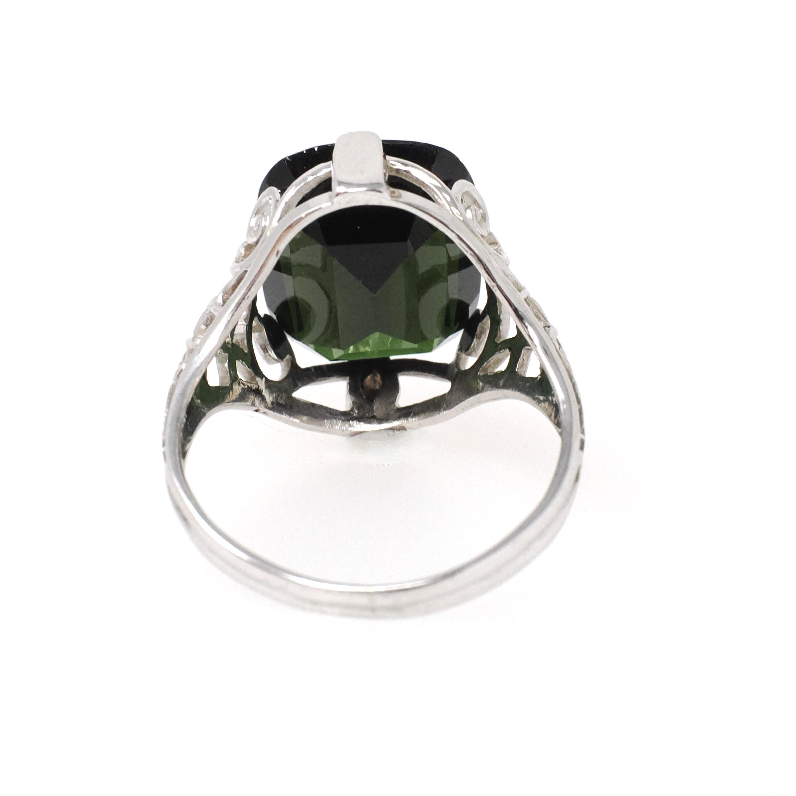 Art Deco Tourmaline Ring - Antique 20k White Gold Dark Green Cushion Gemstone Alternative Engagement - Circa 1920s Size 6 1/2 Fine Jewelry