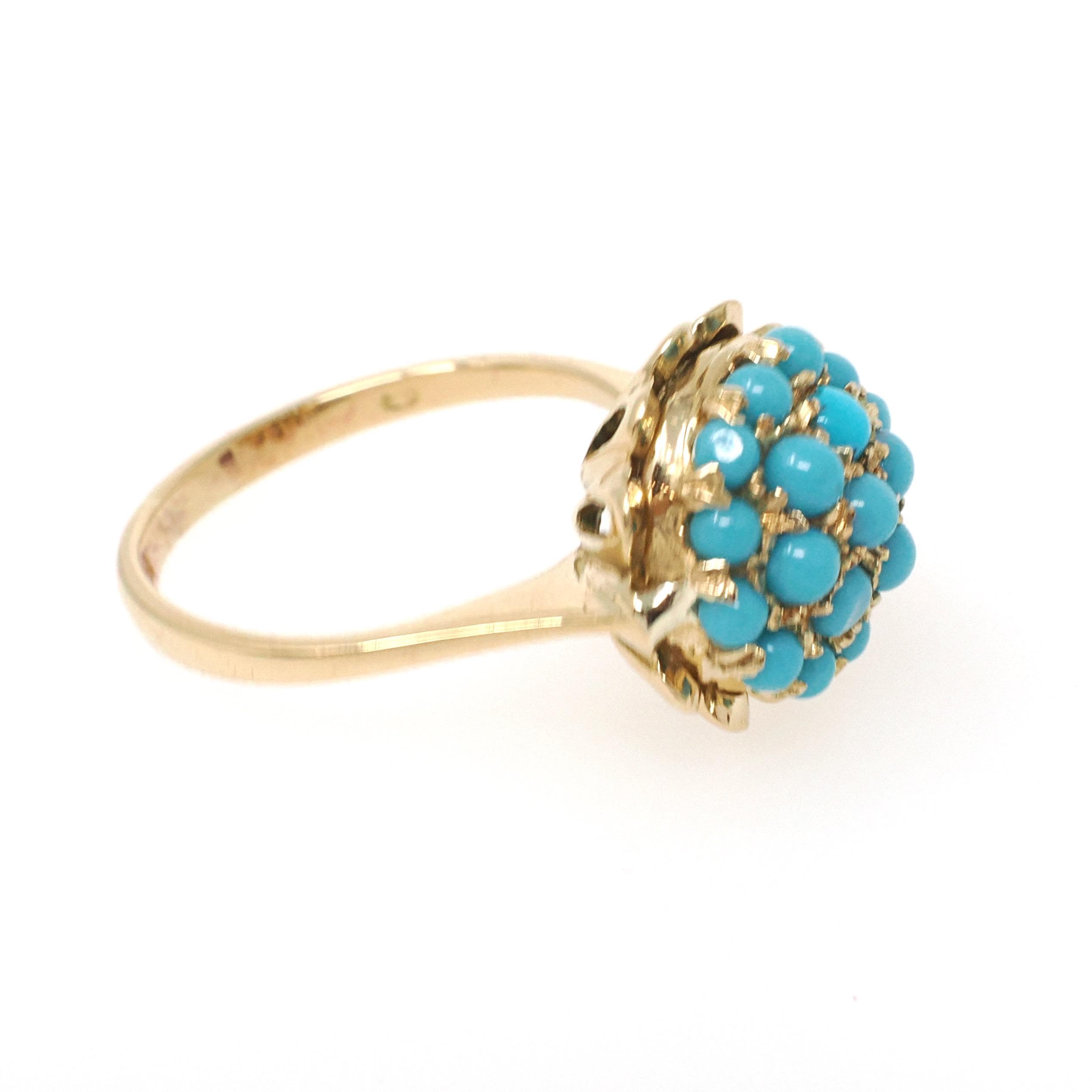 Vintage Cluster Ring - Retro Era 18k Yellow Gold Simulated Turquoise Blue Glass Cabochon Pave Flower - Circa 1960s Size 5 1/4 Fine Jewelry