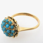 Vintage Cluster Ring - Retro Era 18k Yellow Gold Simulated Turquoise Blue Glass Cabochon Pave Flower - Circa 1960s Size 5 1/4 Fine Jewelry