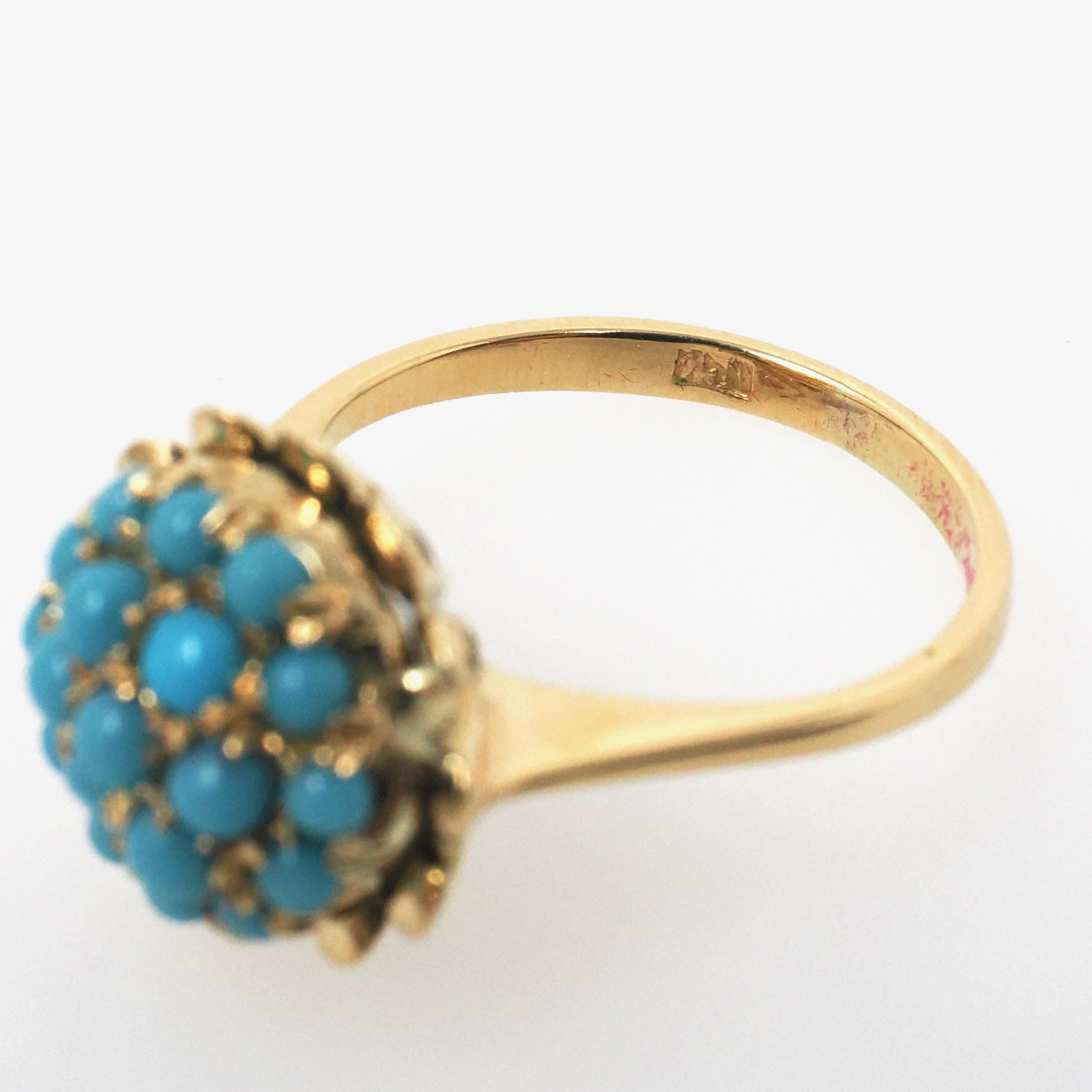 Vintage Cluster Ring - Retro Era 18k Yellow Gold Simulated Turquoise Blue Glass Cabochon Pave Flower - Circa 1960s Size 5 1/4 Fine Jewelry