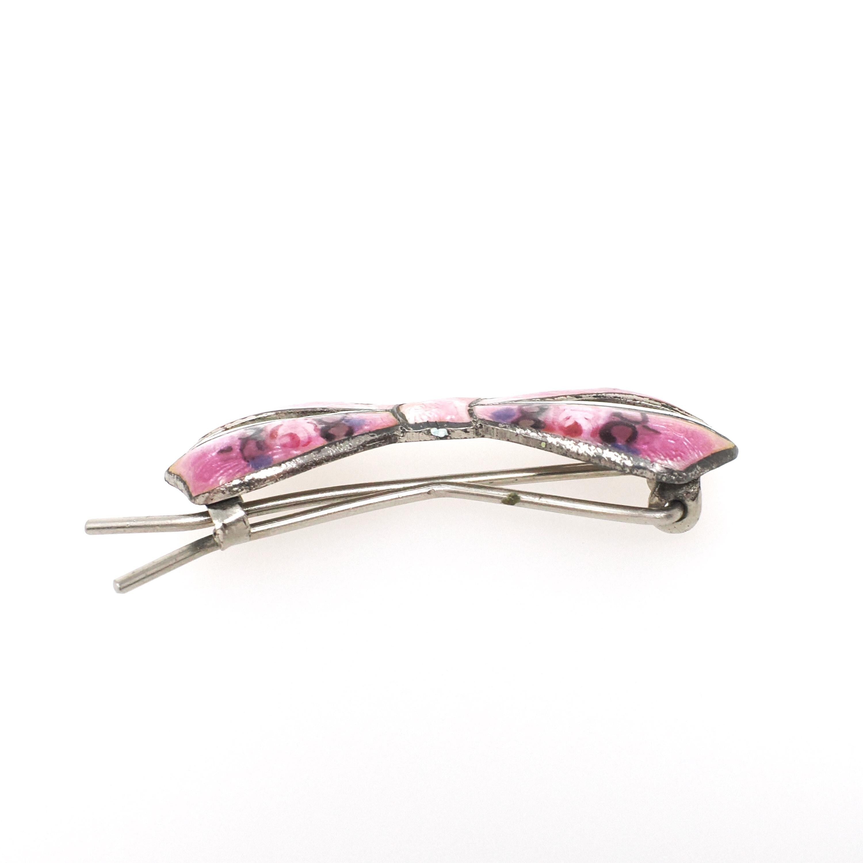 Vintage Bow Hair Clip - Retro Sterling Silver Pink Guilloche Enamel Fashion Accessory - Circa 1940s Era Pin Fastener Flower Barrette Jewelry