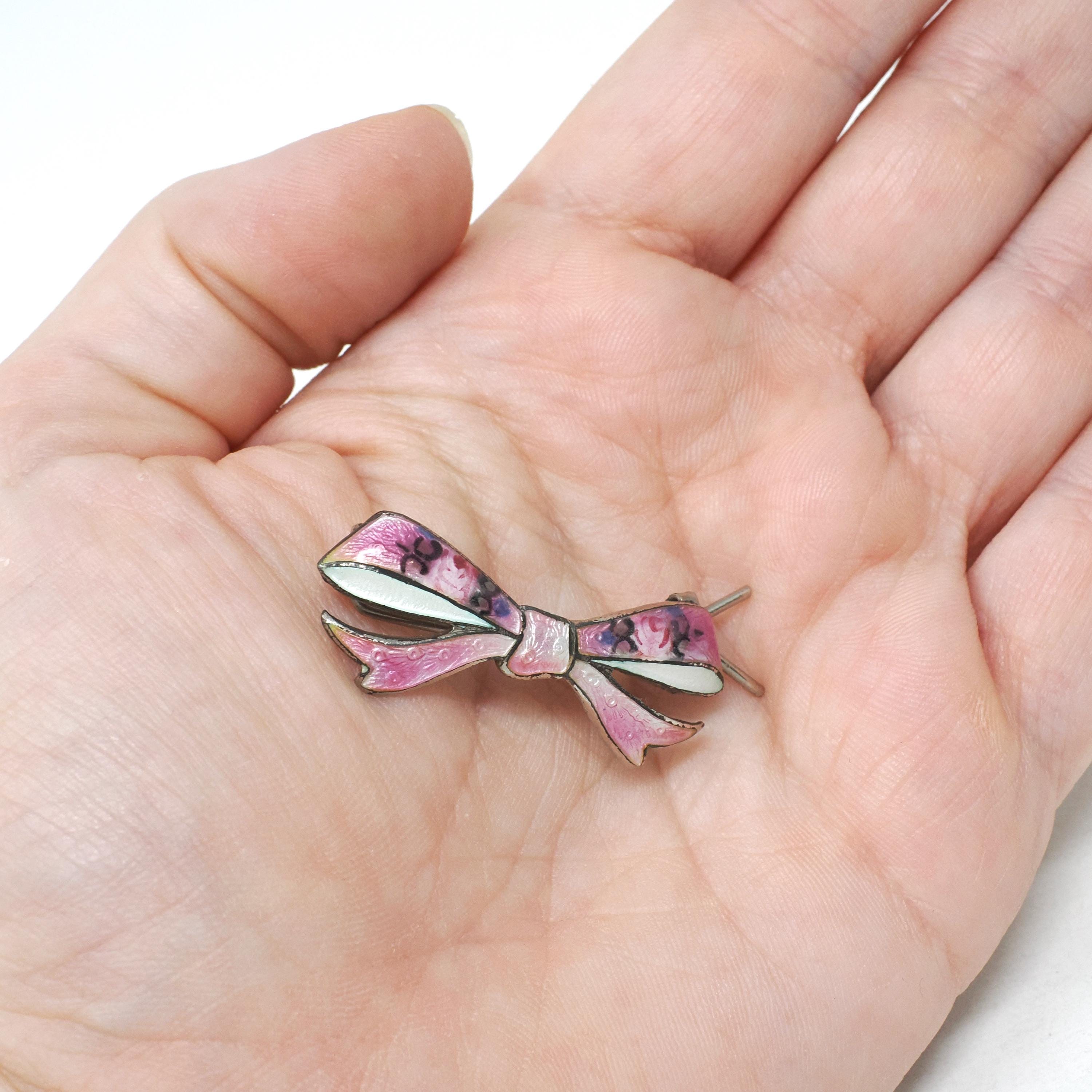 Vintage Bow Hair Clip - Retro Sterling Silver Pink Guilloche Enamel Fashion Accessory - Circa 1940s Era Pin Fastener Flower Barrette Jewelry