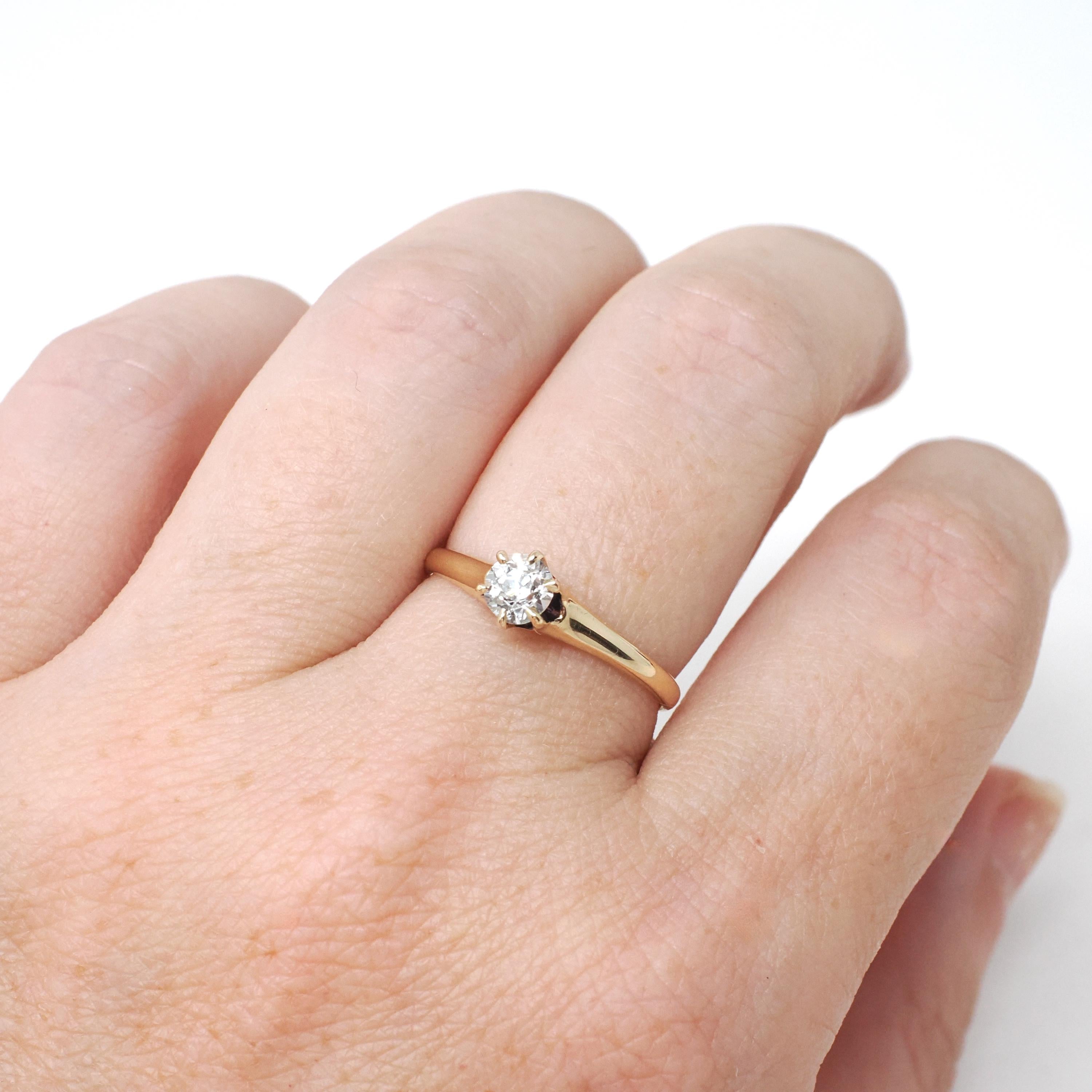 Antique Diamond Ring - Edwardian 14k Yellow Gold Solitaire Old European Gemstone - Vintage 1910s Size 5 3/4 Fine Wedding Engagement Jewelry
