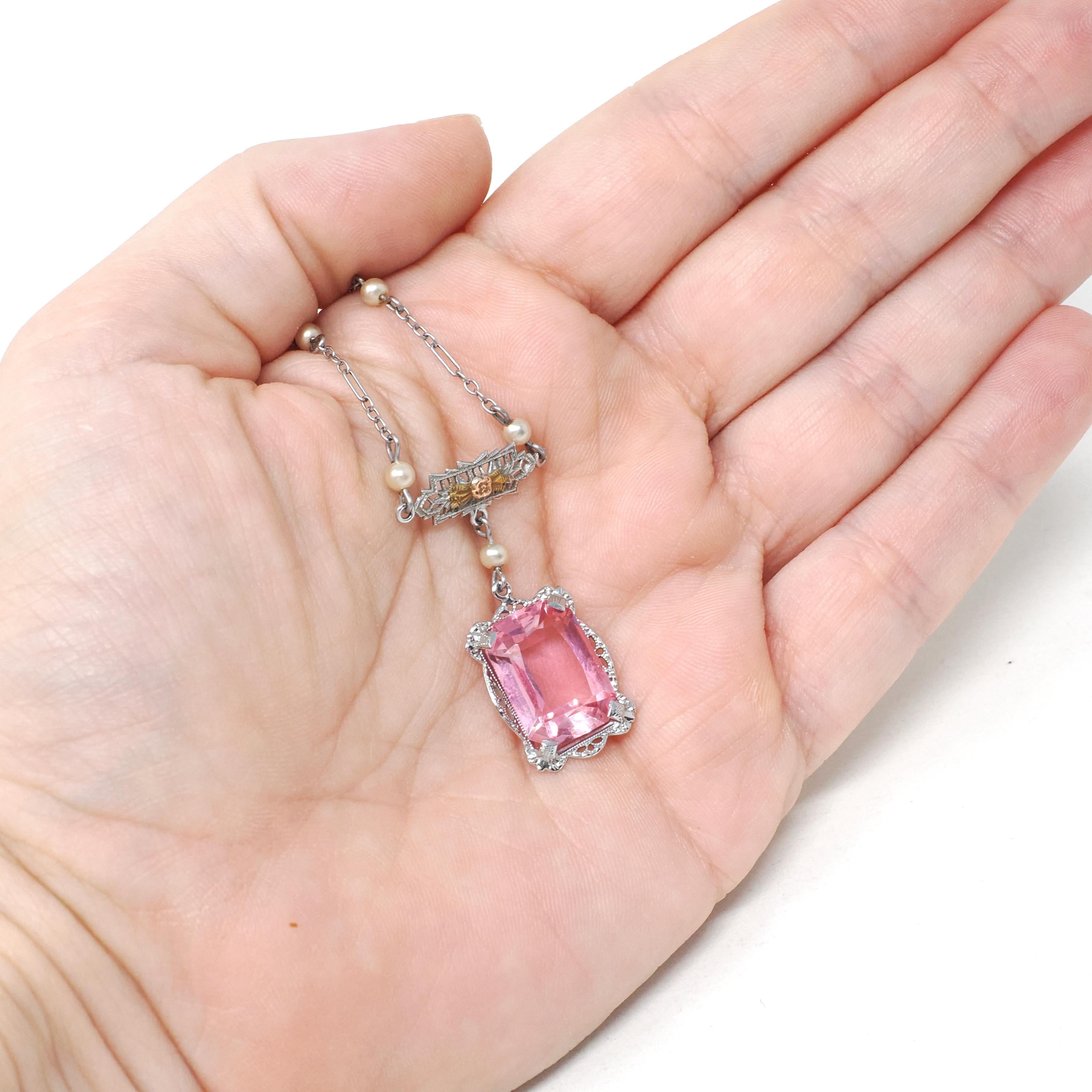 Art Deco Lavalier - Vintage 10k White Gold Two Tone Simulated Pink Sapphire Pendant Necklace - Circa 1930s Era Simulated Pearl Fine Jewelry