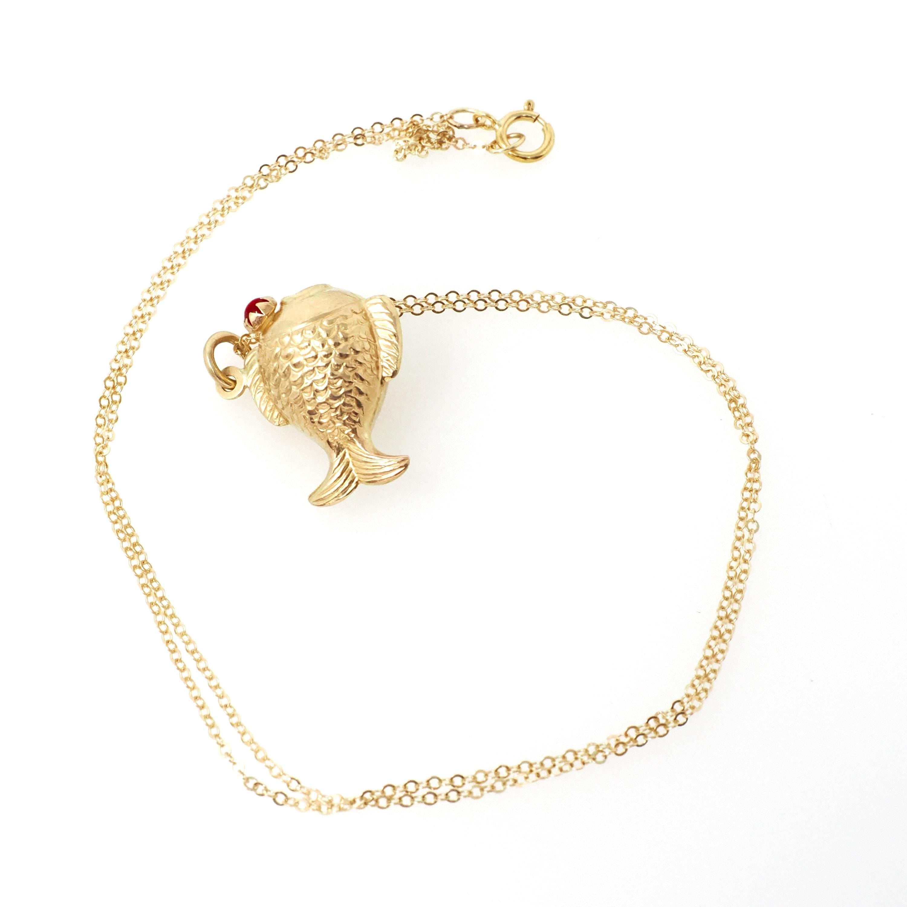 Modern Fish Necklace - Estate 10k Yellow Gold Aquatic Pendant Charm - Circa 2000s Era Simulated Ruby Eyed Sea Life Animal Fine Jewelry
