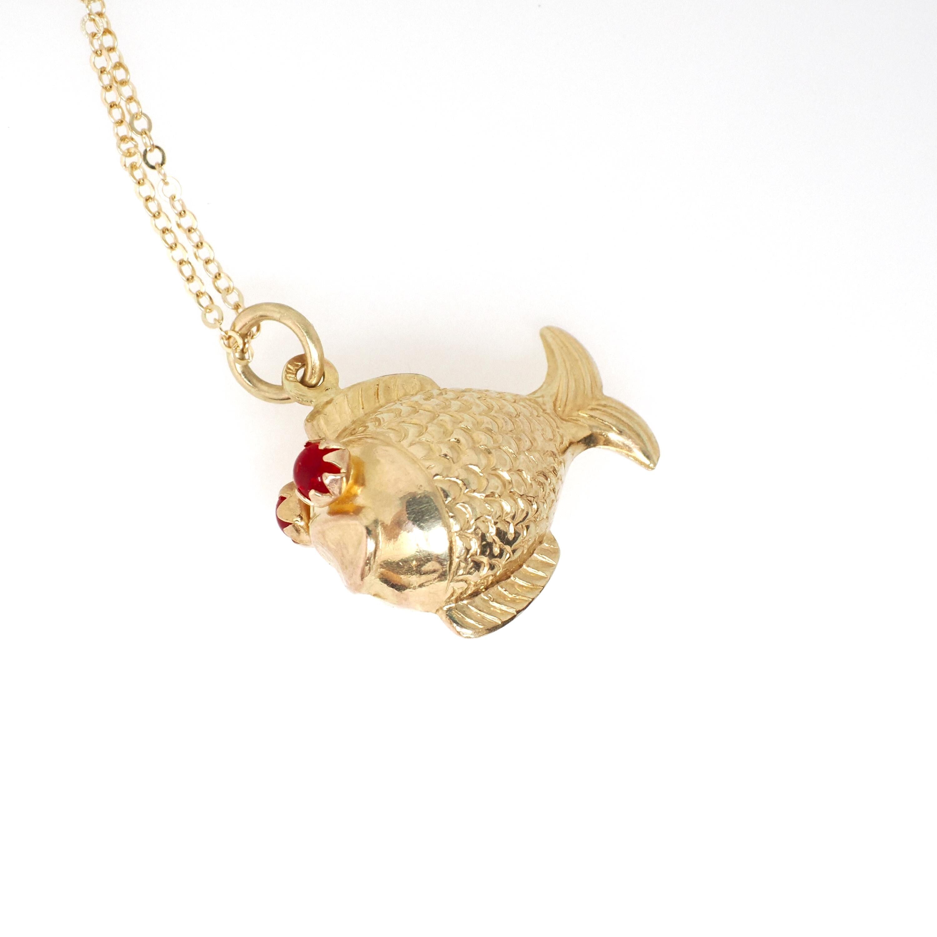 Modern Fish Necklace - Estate 10k Yellow Gold Aquatic Pendant Charm - Circa 2000s Era Simulated Ruby Eyed Sea Life Animal Fine Jewelry