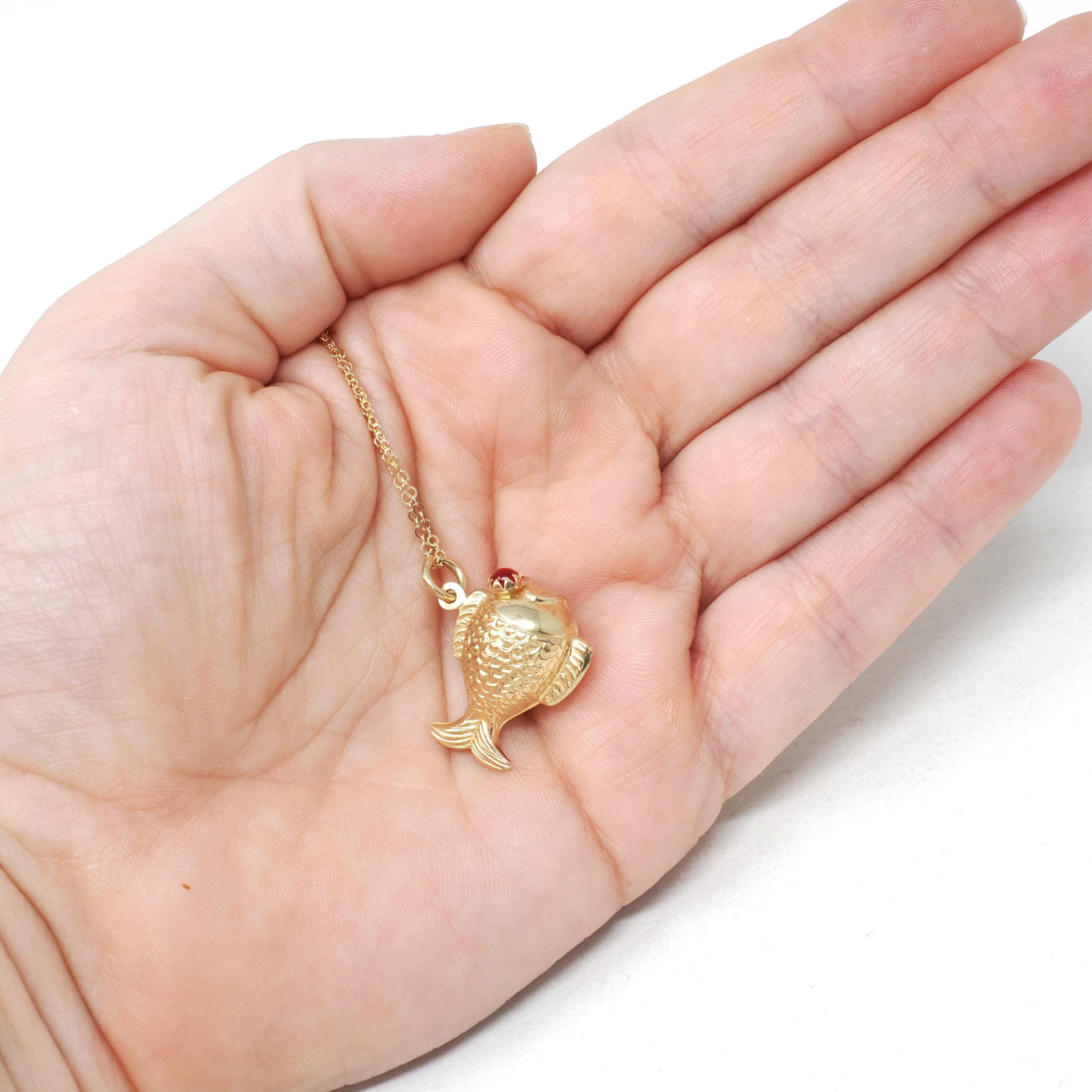 Modern Fish Necklace - Estate 10k Yellow Gold Aquatic Pendant Charm - Circa 2000s Era Simulated Ruby Eyed Sea Life Animal Fine Jewelry