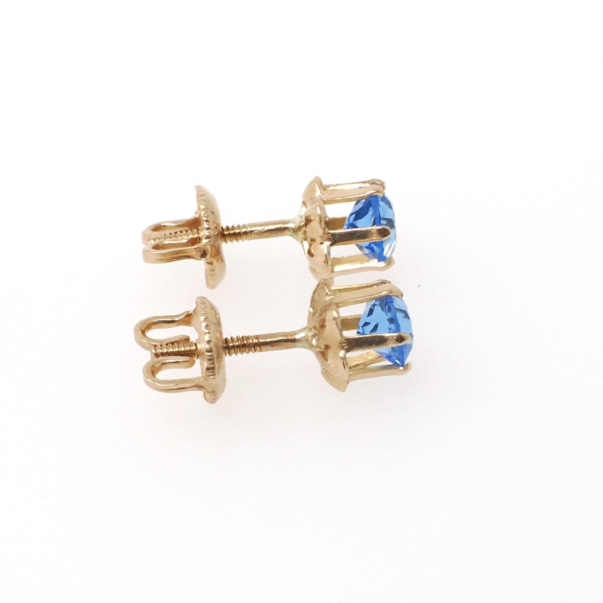 Vintage Buttercup Earrings - Retro 10k Yellow Gold Blue Glass Gemstone Threadback Screw Post Studs - Circa 1940s Era BDA Flower Fine Jewelry