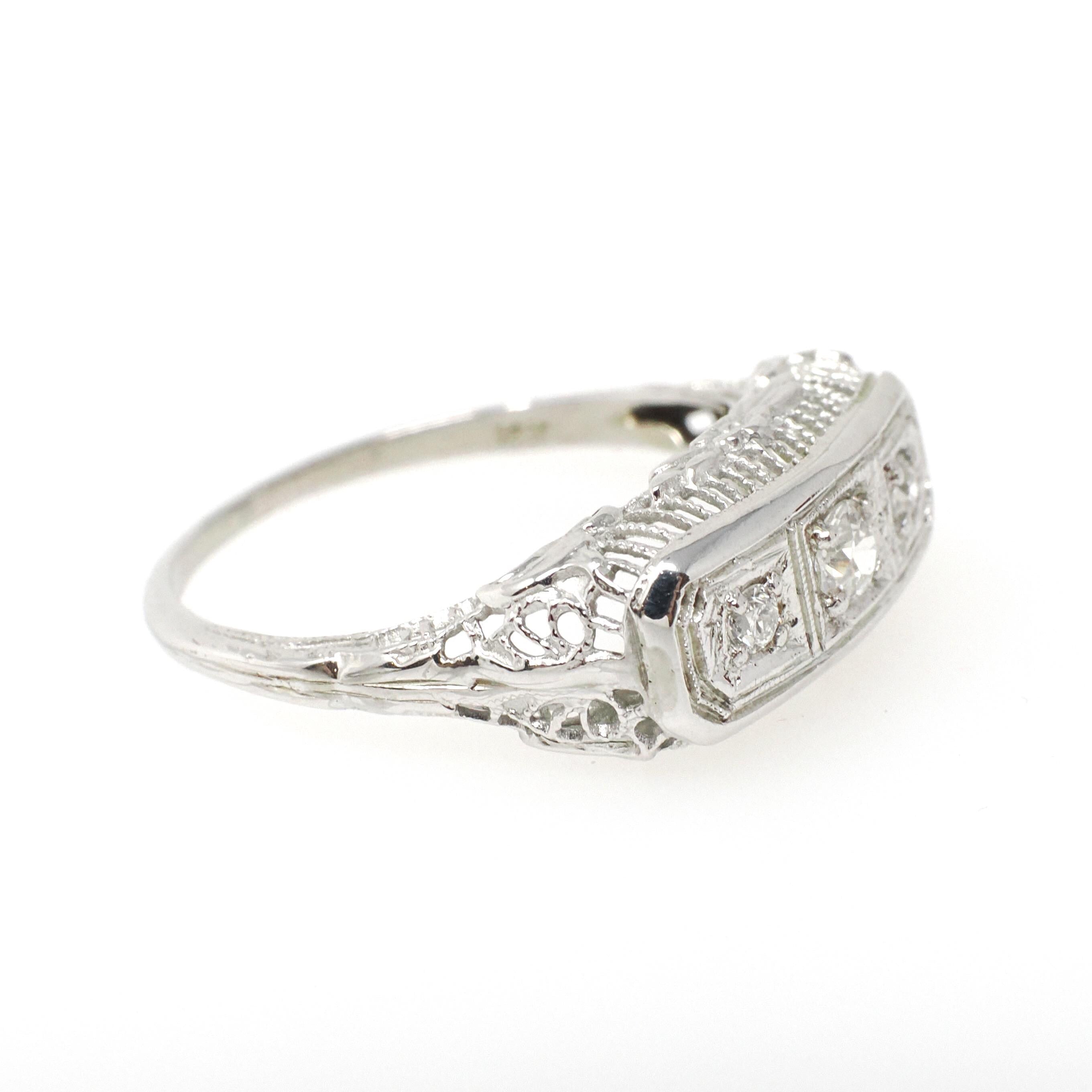 Art Deco Filigree Ring - Vintage 18k White Gold .19 CTW Natural Diamond Band - Circa 1930s Size 7 1/2 Bridal Fine Wedding Engagement Jewelry