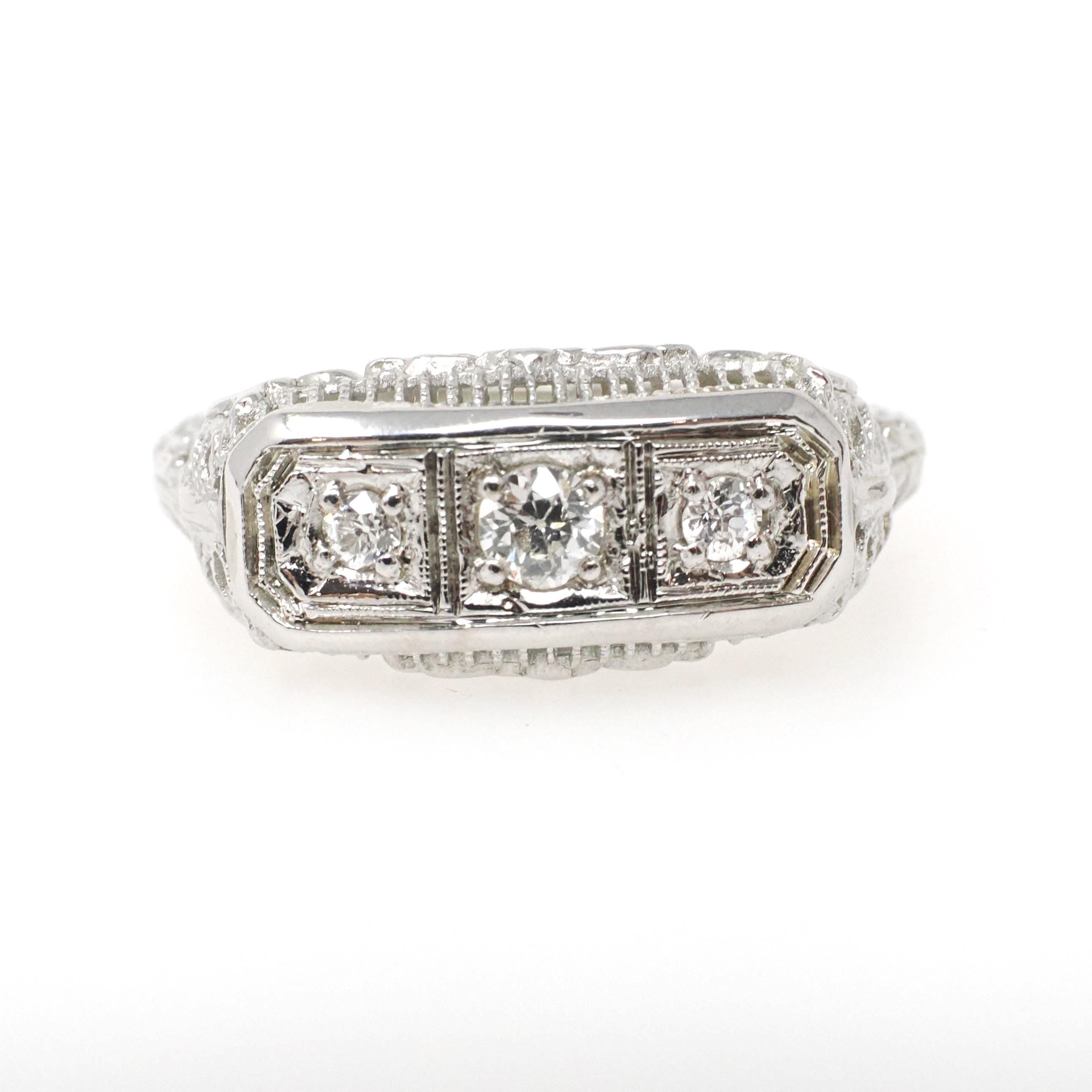 Art Deco Filigree Ring - Vintage 18k White Gold .19 CTW Natural Diamond Band - Circa 1930s Size 7 1/2 Bridal Fine Wedding Engagement Jewelry