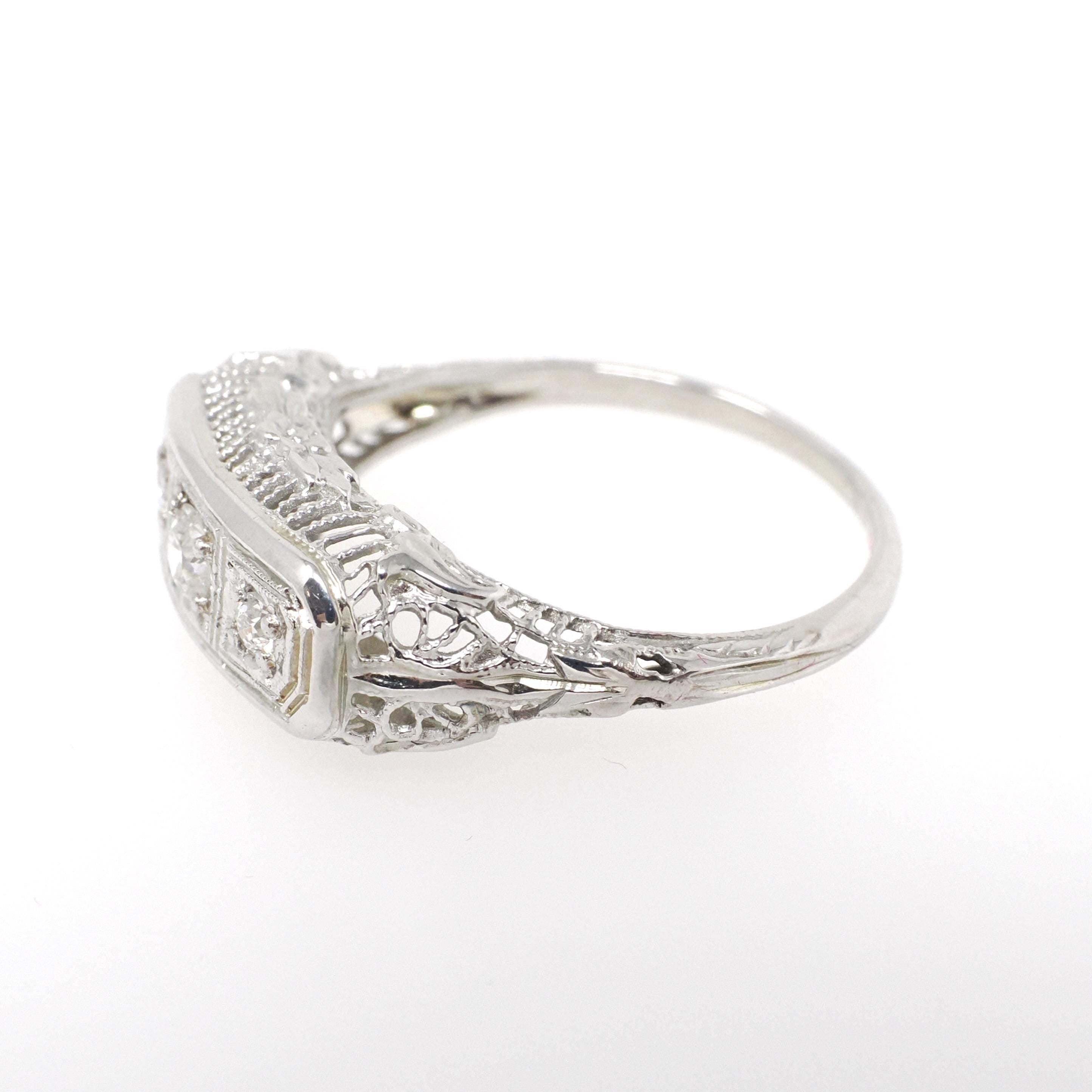 Art Deco Filigree Ring - Vintage 18k White Gold .19 CTW Natural Diamond Band - Circa 1930s Size 7 1/2 Bridal Fine Wedding Engagement Jewelry