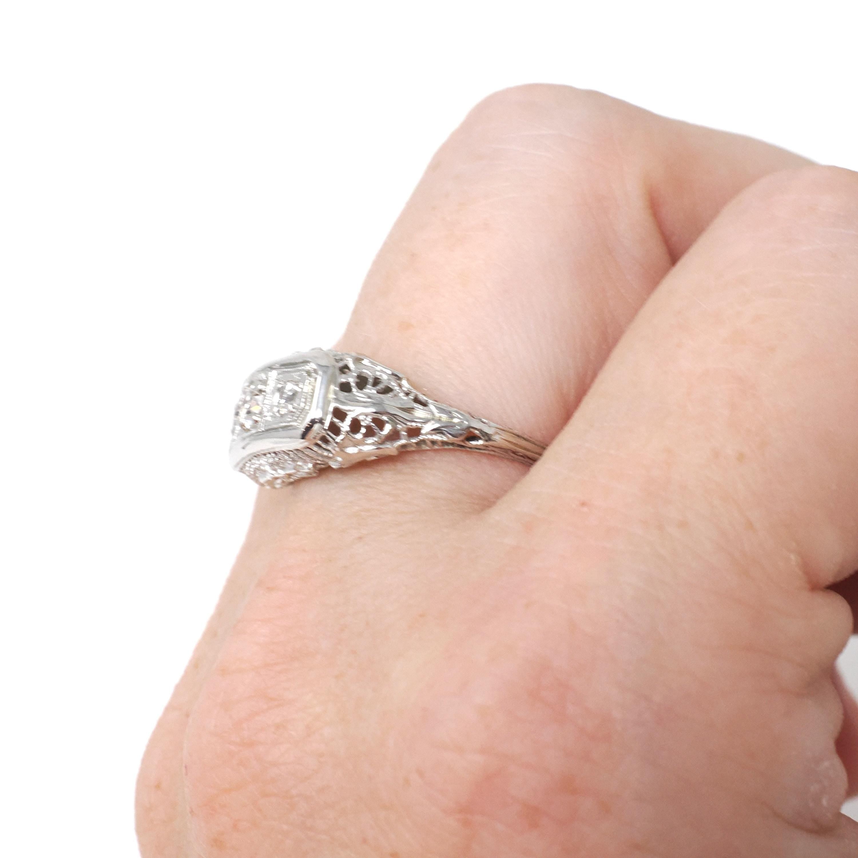 Art Deco Filigree Ring - Vintage 18k White Gold .19 CTW Natural Diamond Band - Circa 1930s Size 7 1/2 Bridal Fine Wedding Engagement Jewelry
