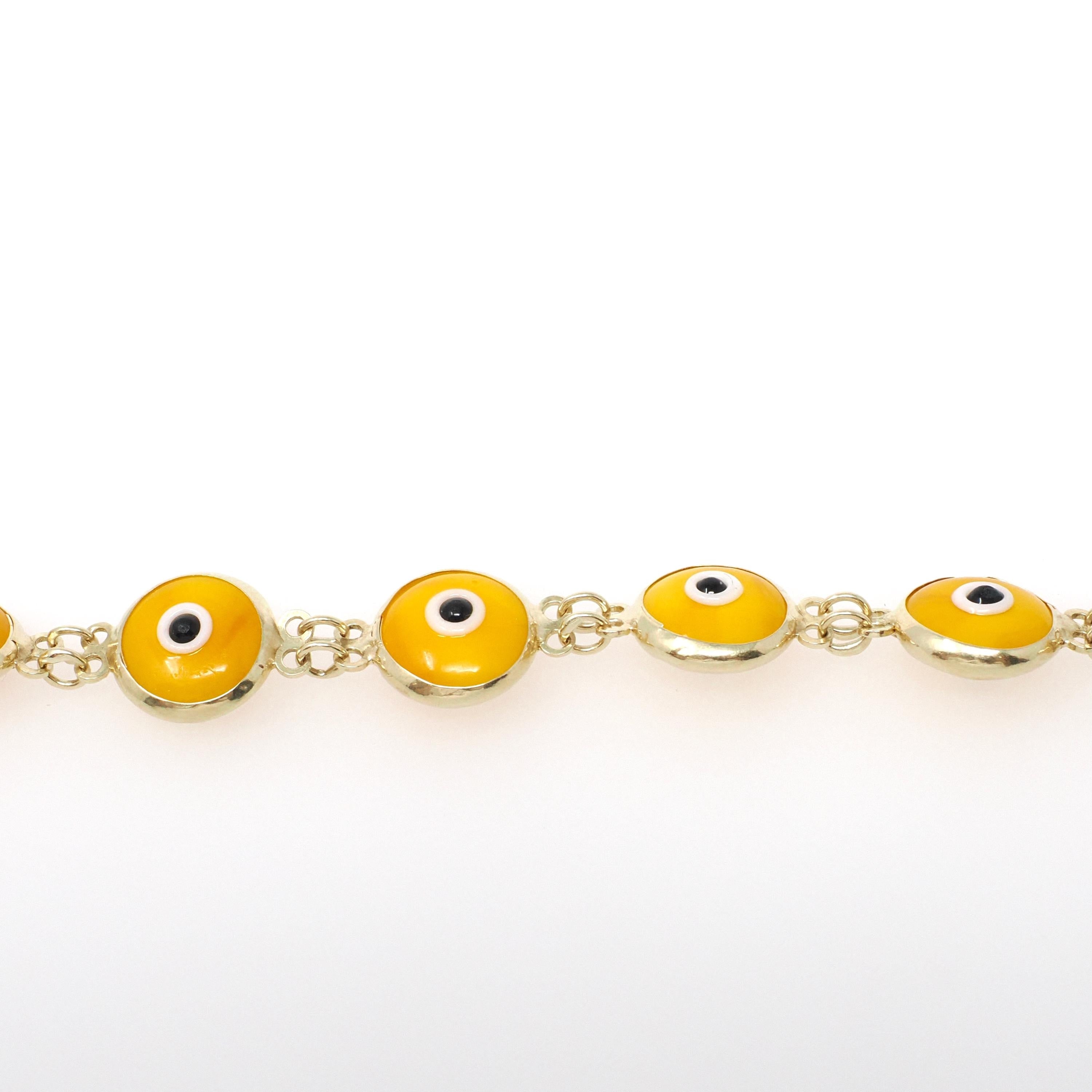 Evil Eye Bracelet - Contemporary 14k Yellow Gold Round Yellow Glass Bezel Links - Circa 2000's Tennis Style Protection Fine Fashion Jewelry