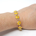 Evil Eye Bracelet - Contemporary 14k Yellow Gold Round Yellow Glass Bezel Links - Circa 2000's Tennis Style Protection Fine Fashion Jewelry