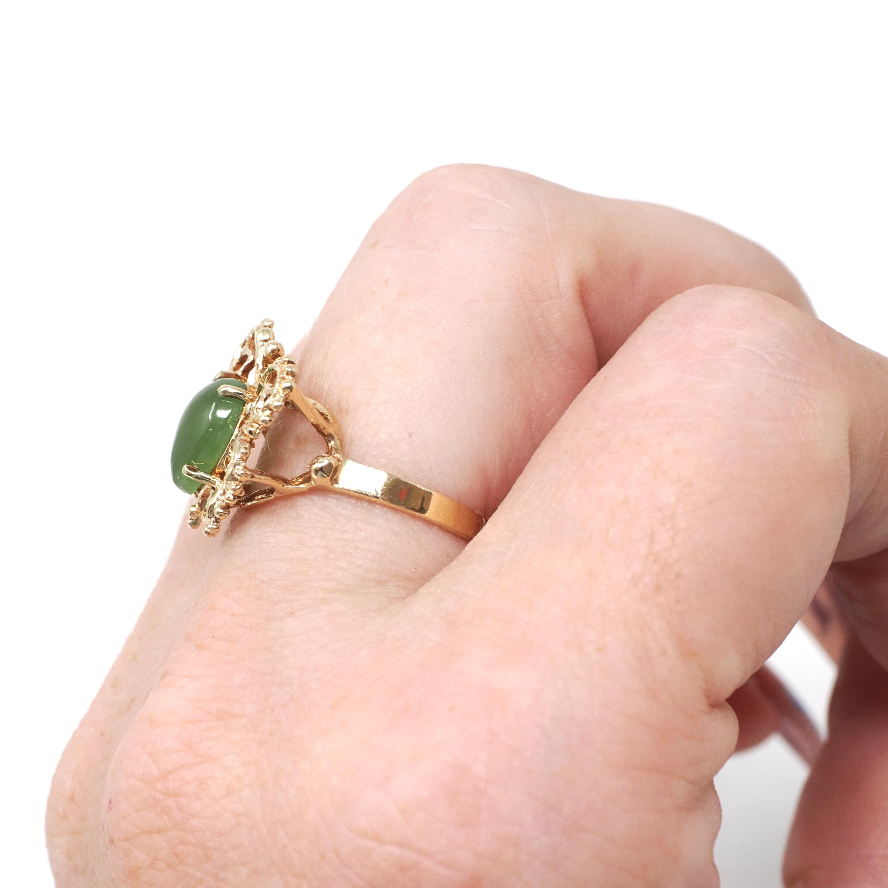 Vintage Butterfly Ring - Retro 10k Yellow Gold Natural Nephrite Jade Gemstone - Circa 1970s Era Size 5 3/4 Statement Figural Bug Jewelry