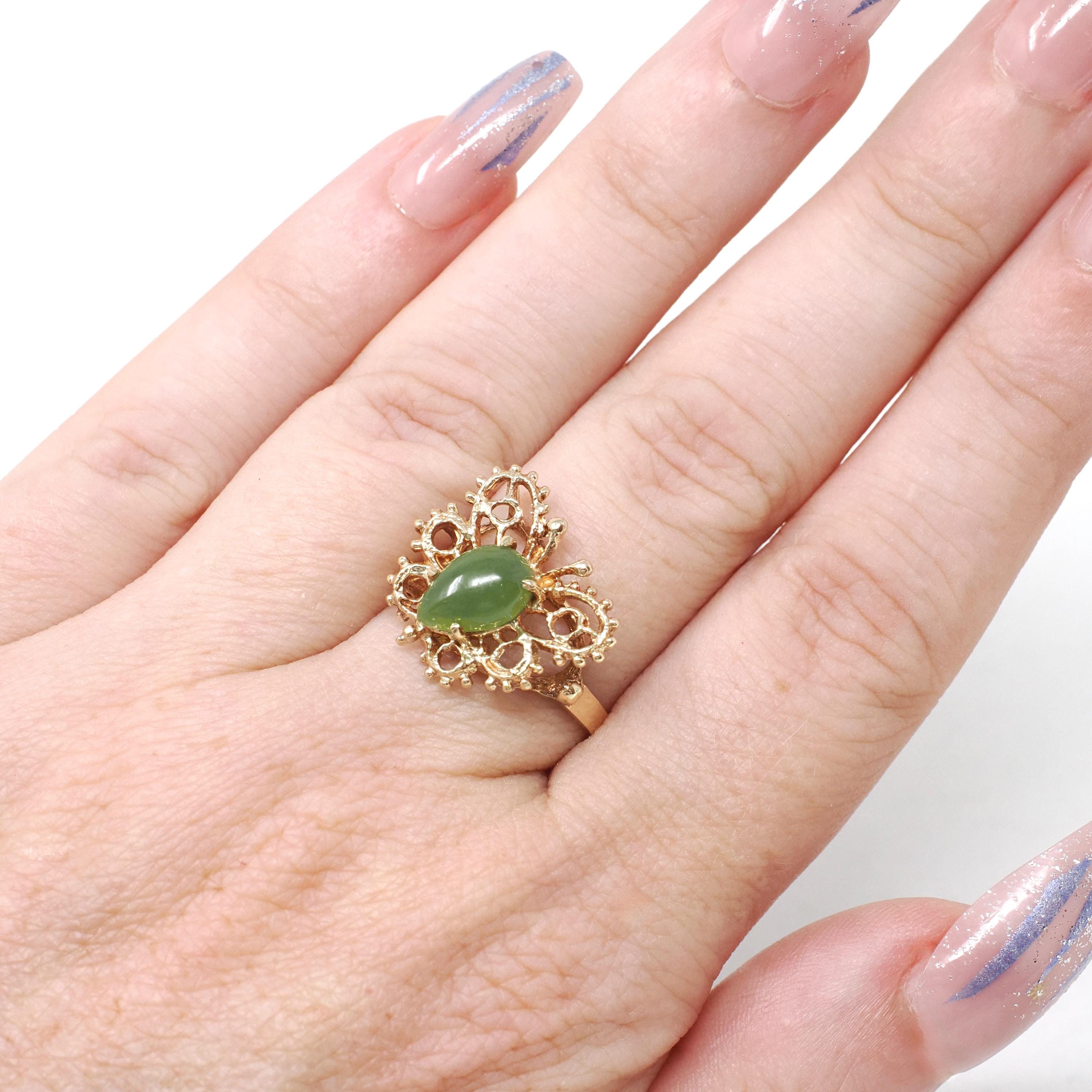 Vintage Butterfly Ring - Retro 10k Yellow Gold Natural Nephrite Jade Gemstone - Circa 1970s Era Size 5 3/4 Statement Figural Bug Jewelry