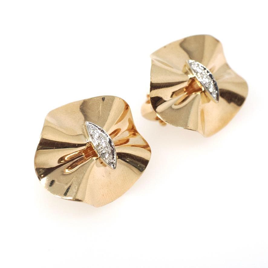Retro Ribbon Earrings - Retro 14k Yellow & White Gold .06 CTW Natural Diamonds - Circa 1940s Era Statement Folded Disc Design Fine Jewelry