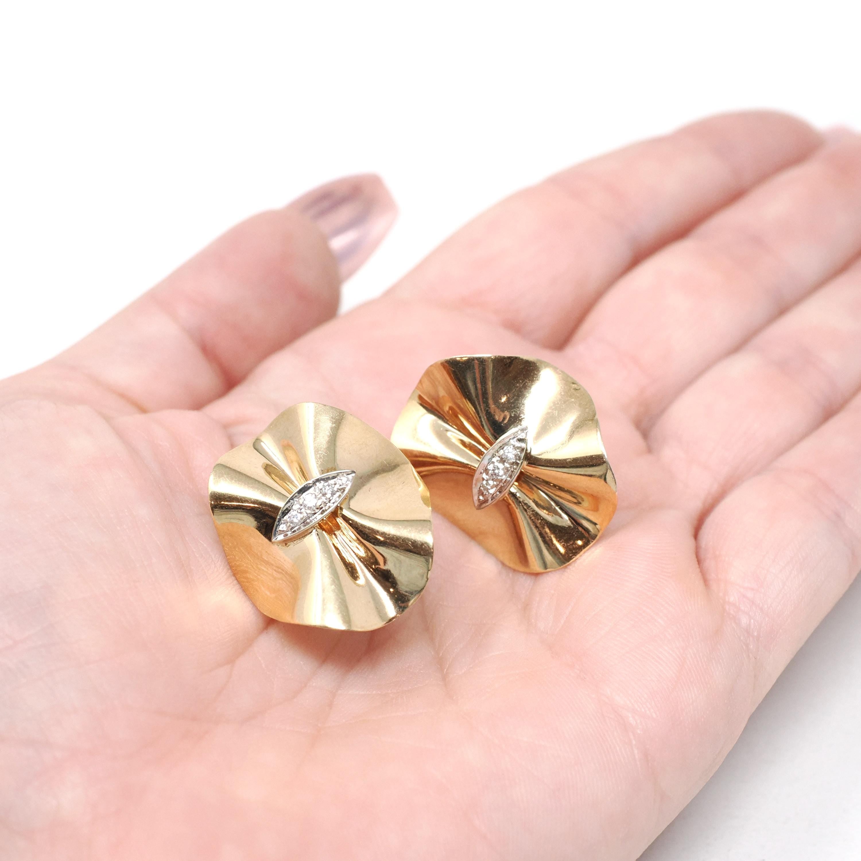 Retro Ribbon Earrings - Retro 14k Yellow & White Gold .06 CTW Natural Diamonds - Circa 1940s Era Statement Folded Disc Design Fine Jewelry