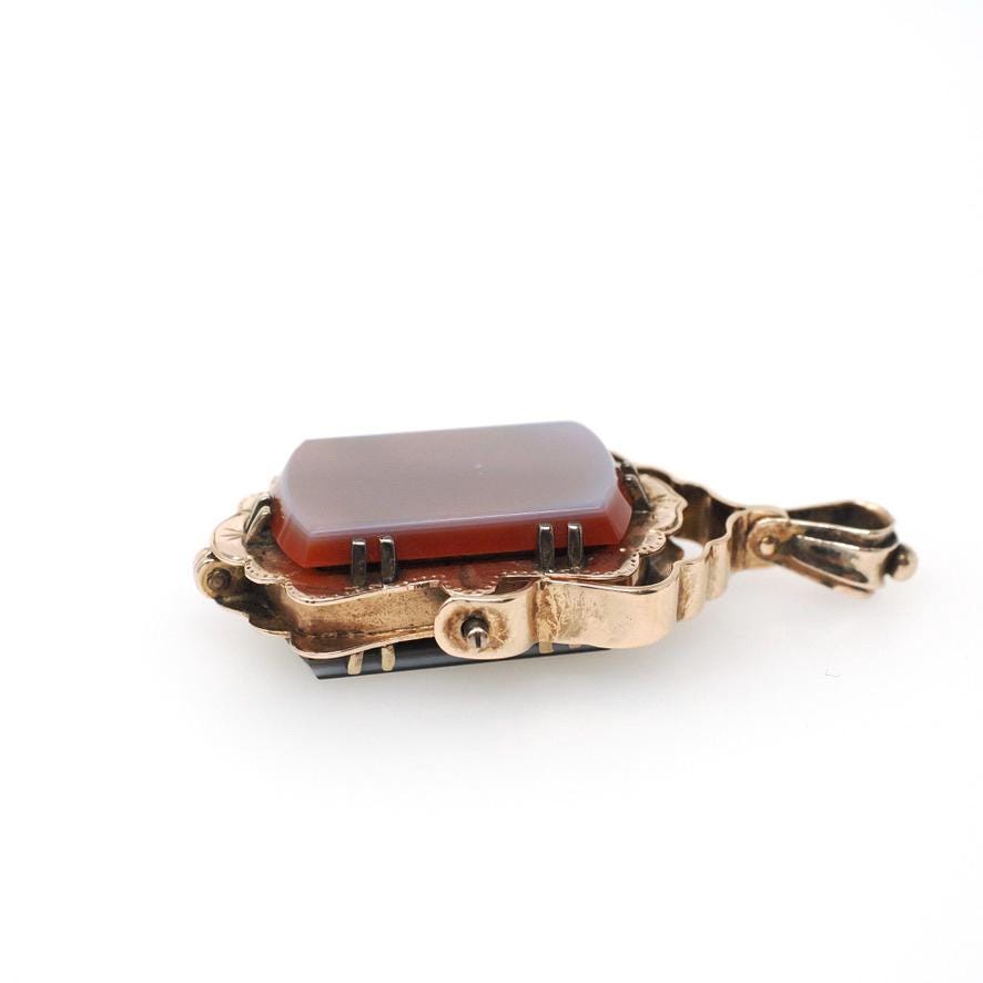 Antique Flip Locket - Victorian 10k Rose Gold Sardonyx & Onyx Gems Double Sided Pendant - Circa 1890s Era Watch Fob Fine Keepsake Jewelry