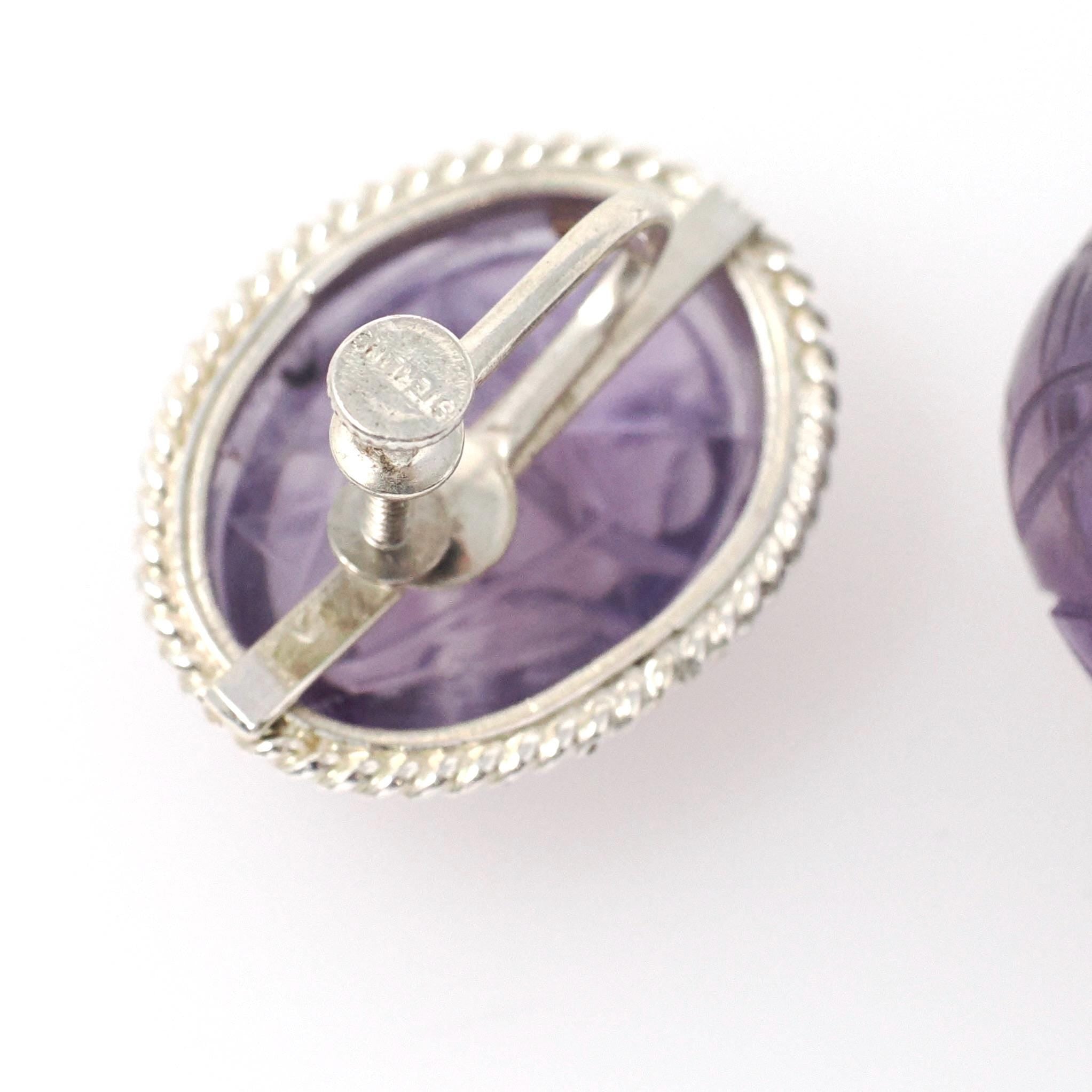 Vintage Scarab Earrings - Mid Century Sterling Silver Natural Carved Amethyst Screw Backs - Circa 1960s Egyptian Revival Fashion Jewelry