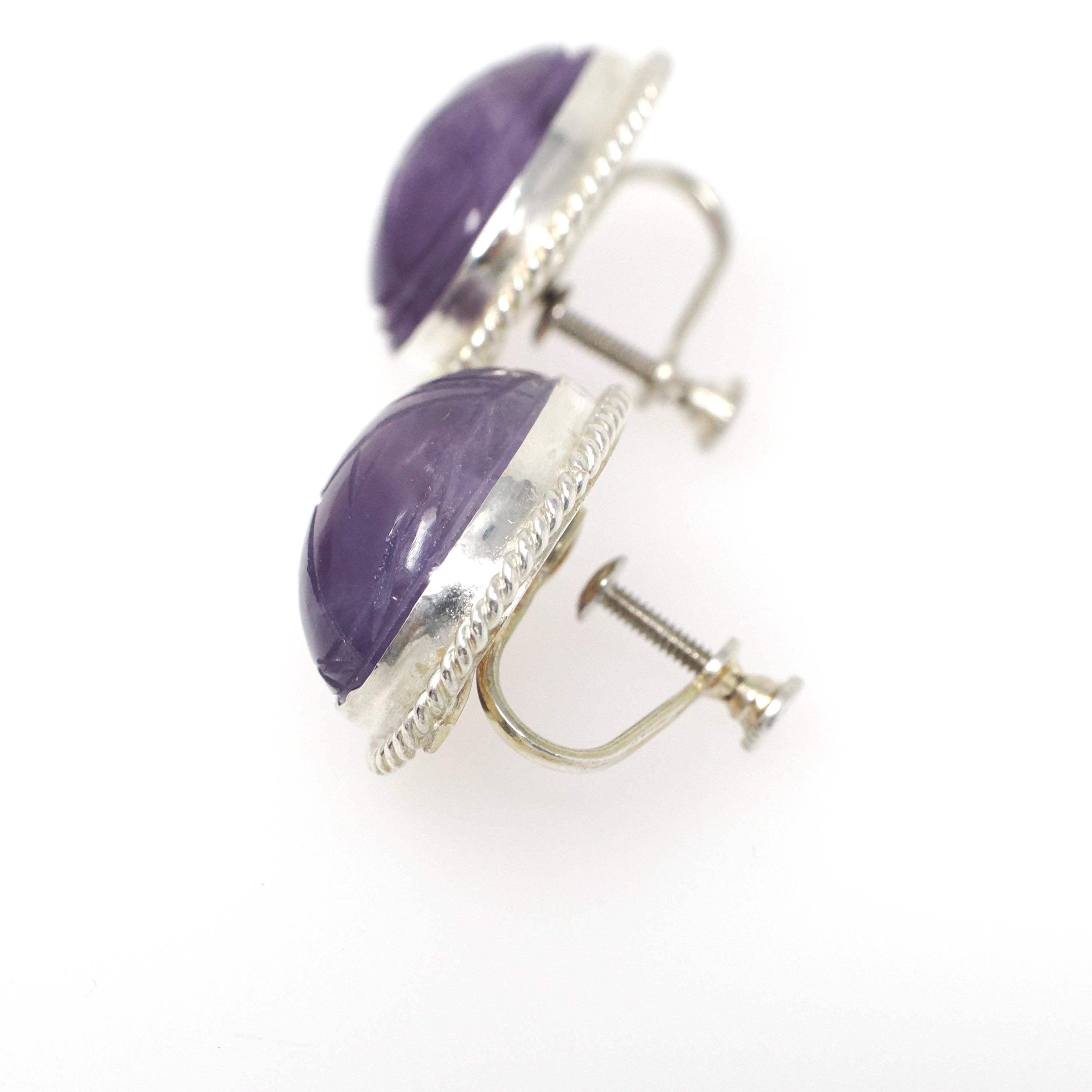 Vintage Scarab Earrings - Mid Century Sterling Silver Natural Carved Amethyst Screw Backs - Circa 1960s Egyptian Revival Fashion Jewelry