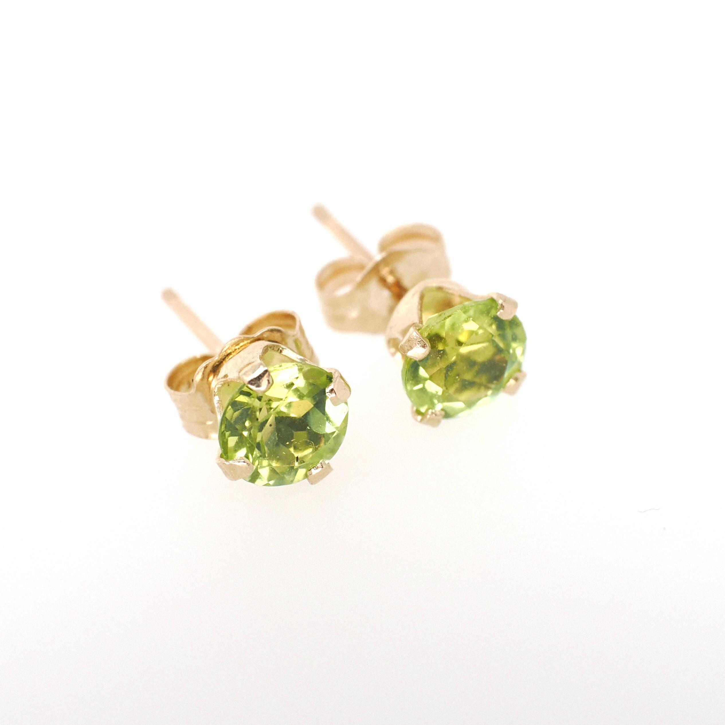Modern Peridot Earrings - Estate 14k Yellow Gold Studs Round Faceted 1.10 CTW Pierced Posts - Estate 2000s Era Dainty Green Gemstone Jewelry