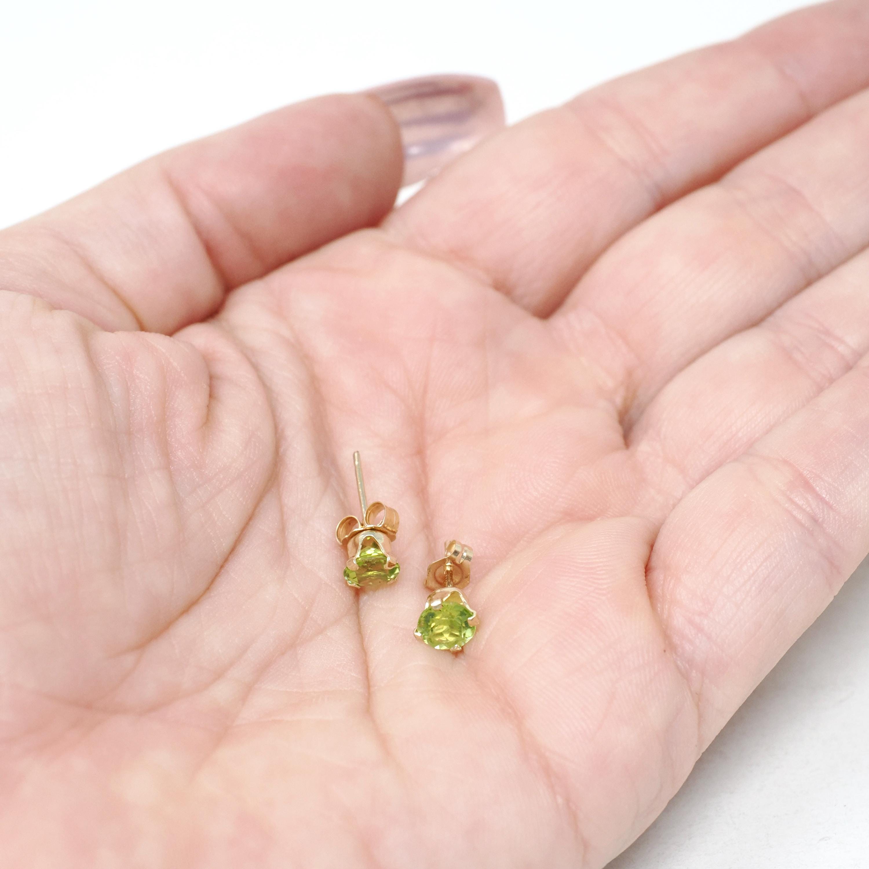 Modern Peridot Earrings - Estate 14k Yellow Gold Studs Round Faceted 1.10 CTW Pierced Posts - Estate 2000s Era Dainty Green Gemstone Jewelry