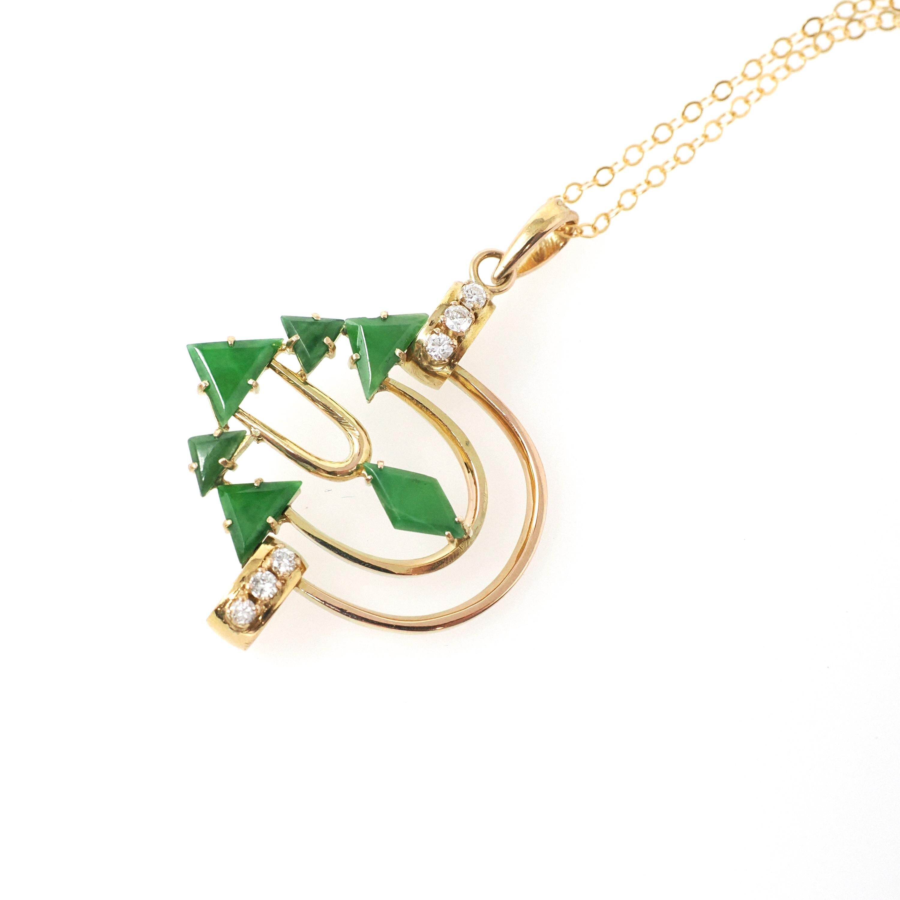 Modernist Pendant Necklace - 14k Yellow Gold Natural Jadeite Jade & .16 CTW Natural Diamonds - Circa 1970's Era Arrow Design Fine Jewelry