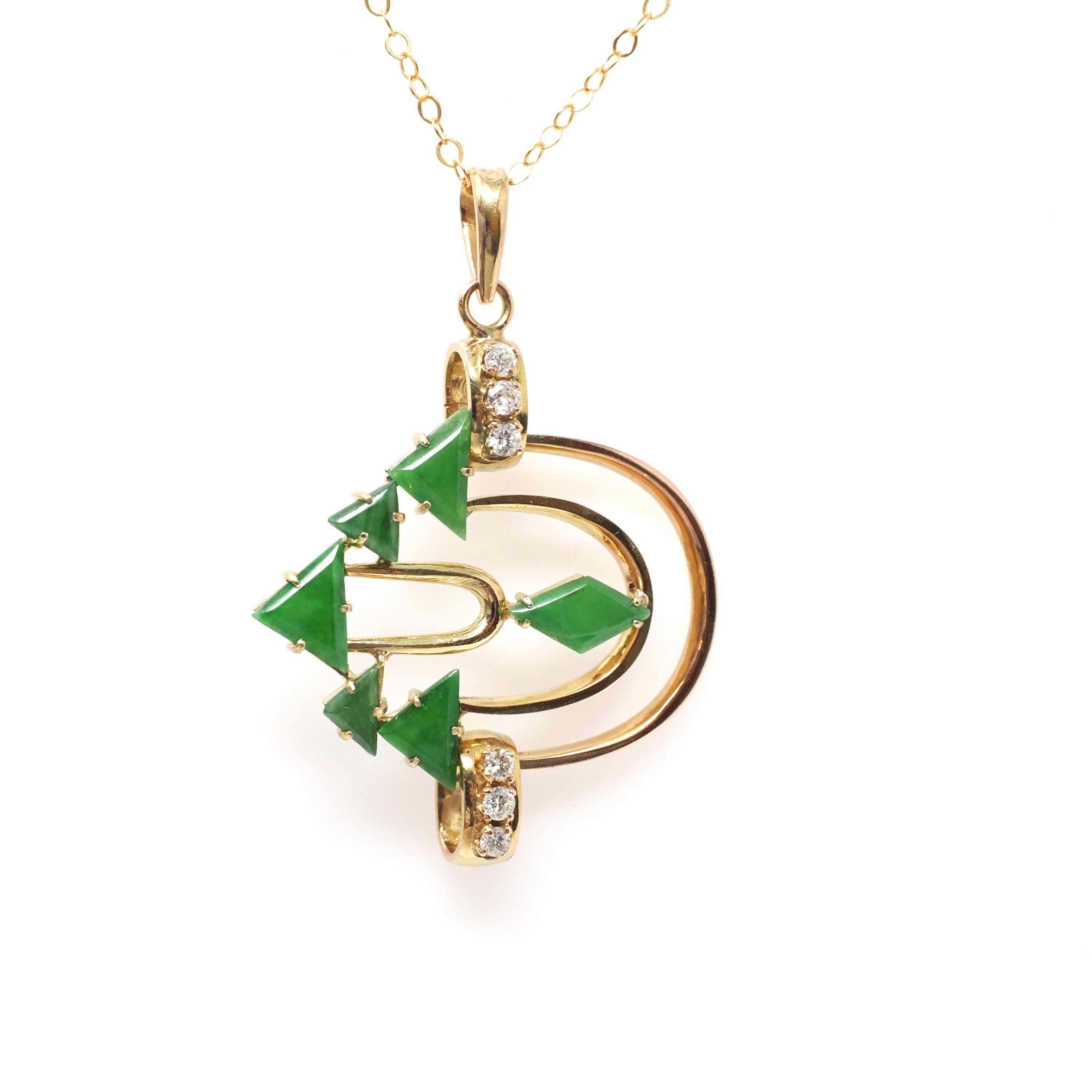 Modernist Pendant Necklace - 14k Yellow Gold Natural Jadeite Jade & .16 CTW Natural Diamonds - Circa 1970's Era Arrow Design Fine Jewelry