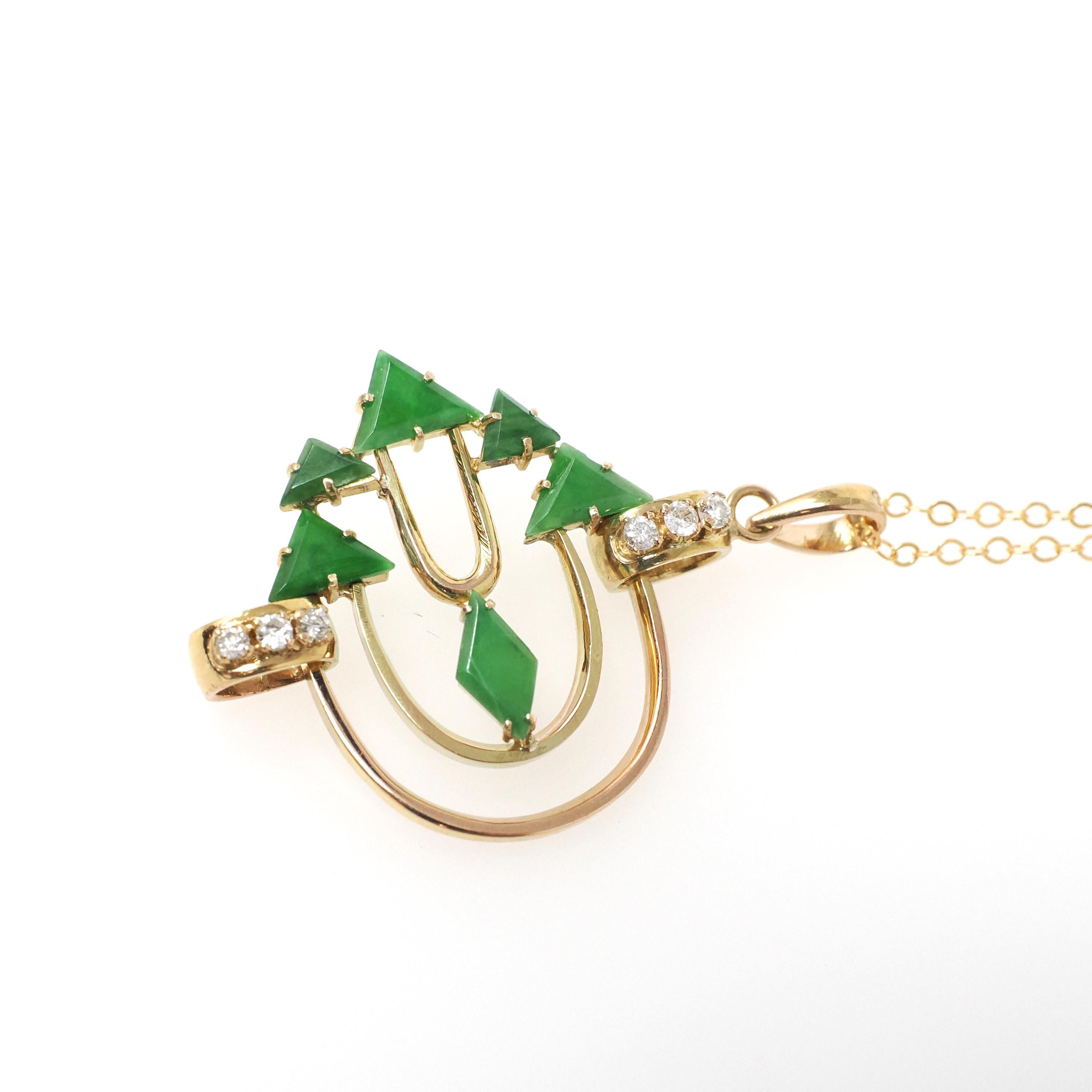 Modernist Pendant Necklace - 14k Yellow Gold Natural Jadeite Jade & .16 CTW Natural Diamonds - Circa 1970's Era Arrow Design Fine Jewelry