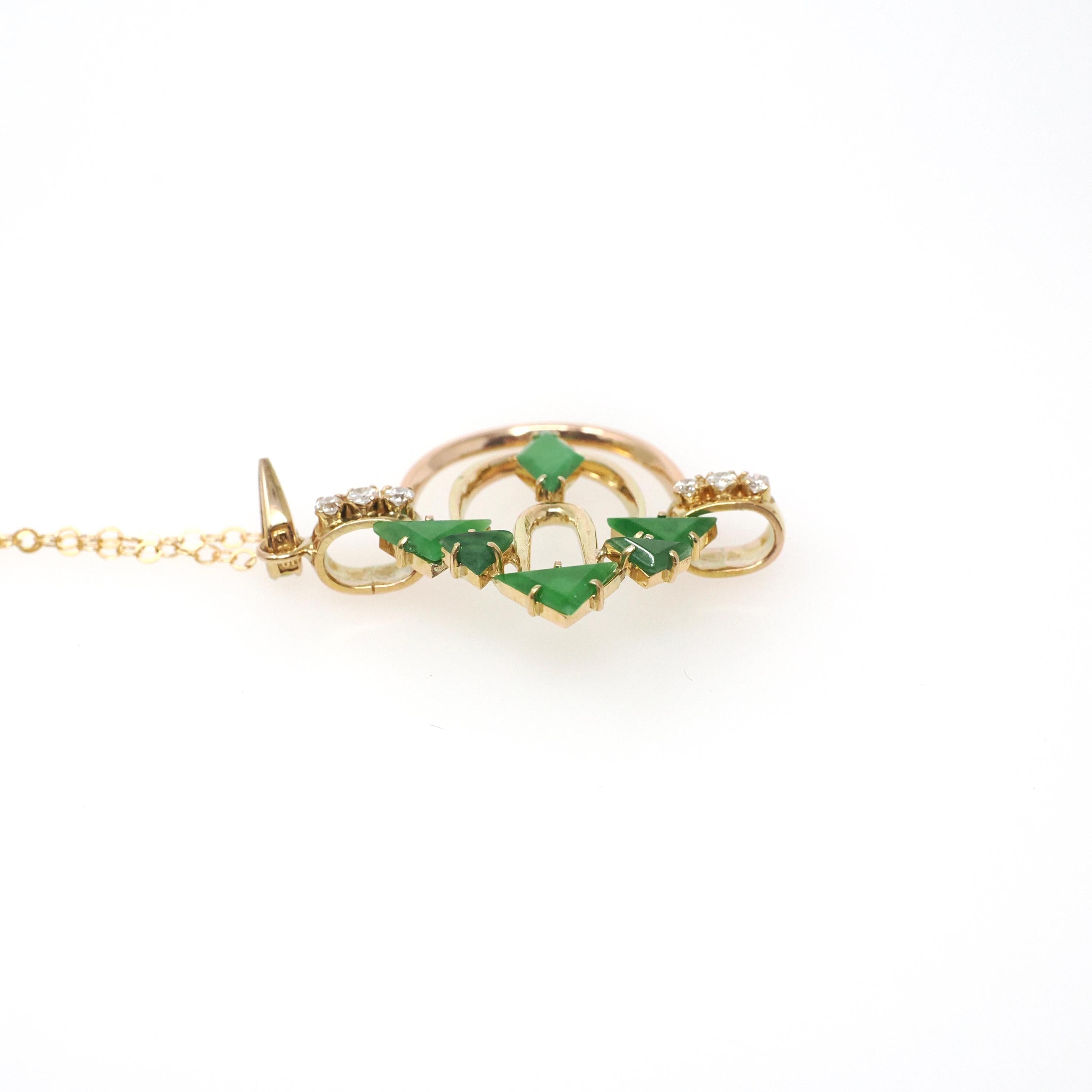 Modernist Pendant Necklace - 14k Yellow Gold Natural Jadeite Jade & .16 CTW Natural Diamonds - Circa 1970's Era Arrow Design Fine Jewelry