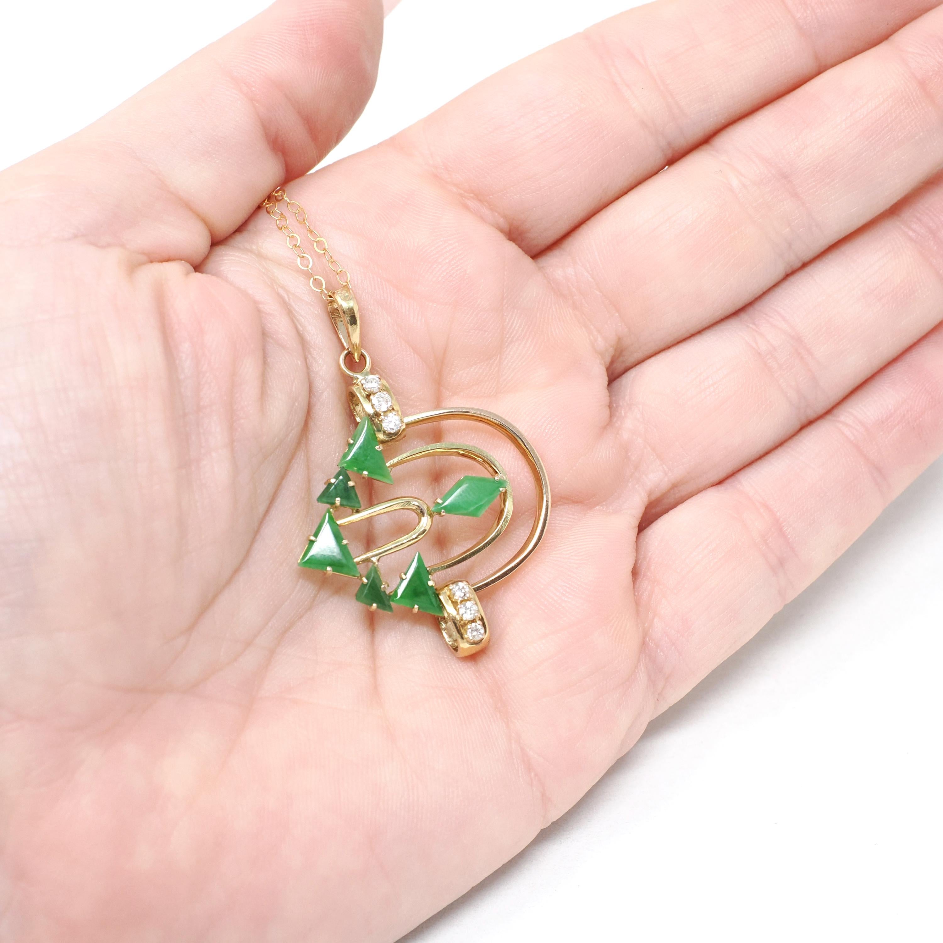 Modernist Pendant Necklace - 14k Yellow Gold Natural Jadeite Jade & .16 CTW Natural Diamonds - Circa 1970's Era Arrow Design Fine Jewelry
