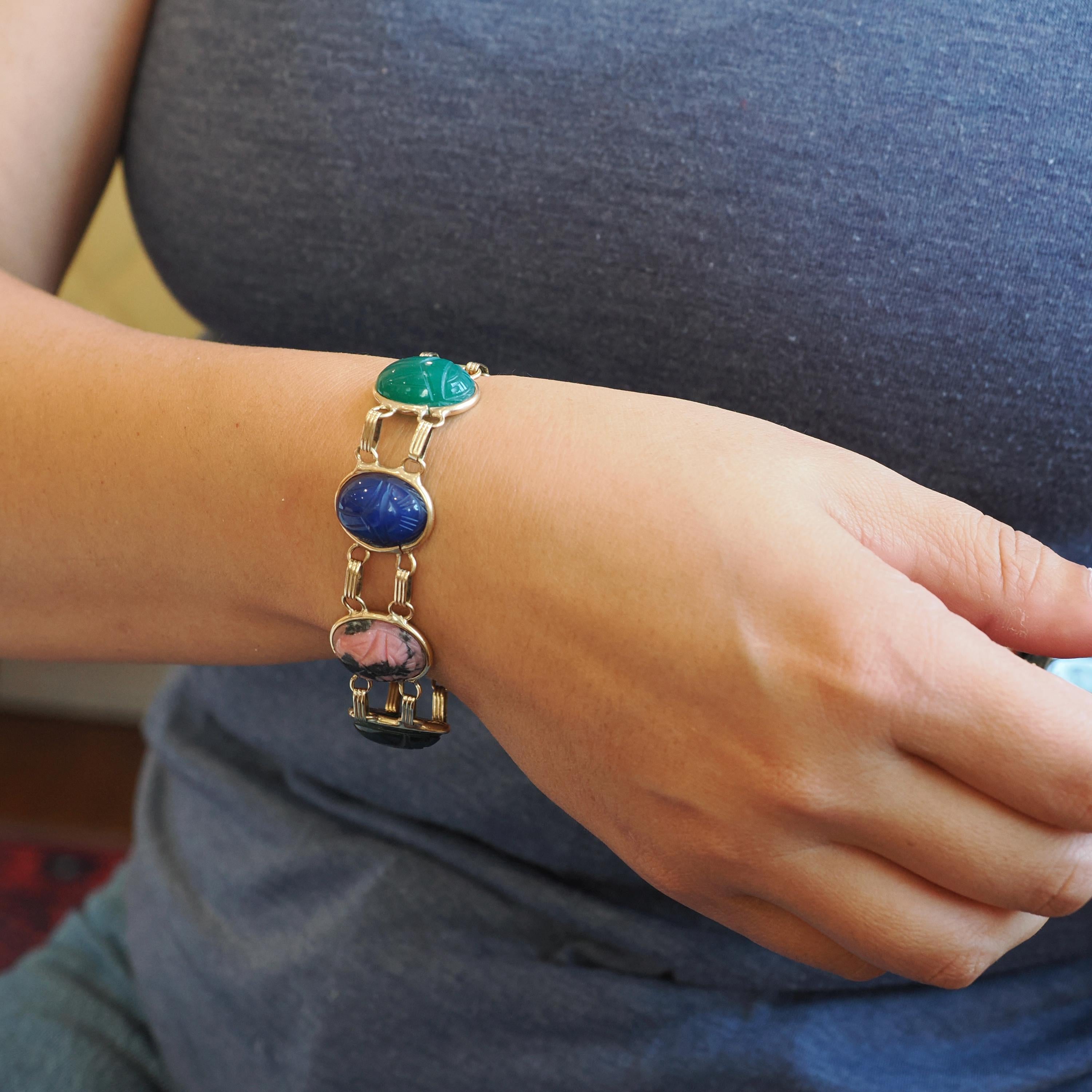 Vintage Scarab Bracelet - 12k Gold Filled Carved Natural Gems - Circa 1960s Egyptian Revival Bloodstone Banded Agate Rhodonite Jewelry