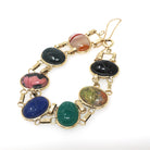 Vintage Scarab Bracelet - 12k Gold Filled Carved Natural Gems - Circa 1960s Egyptian Revival Bloodstone Banded Agate Rhodonite Jewelry