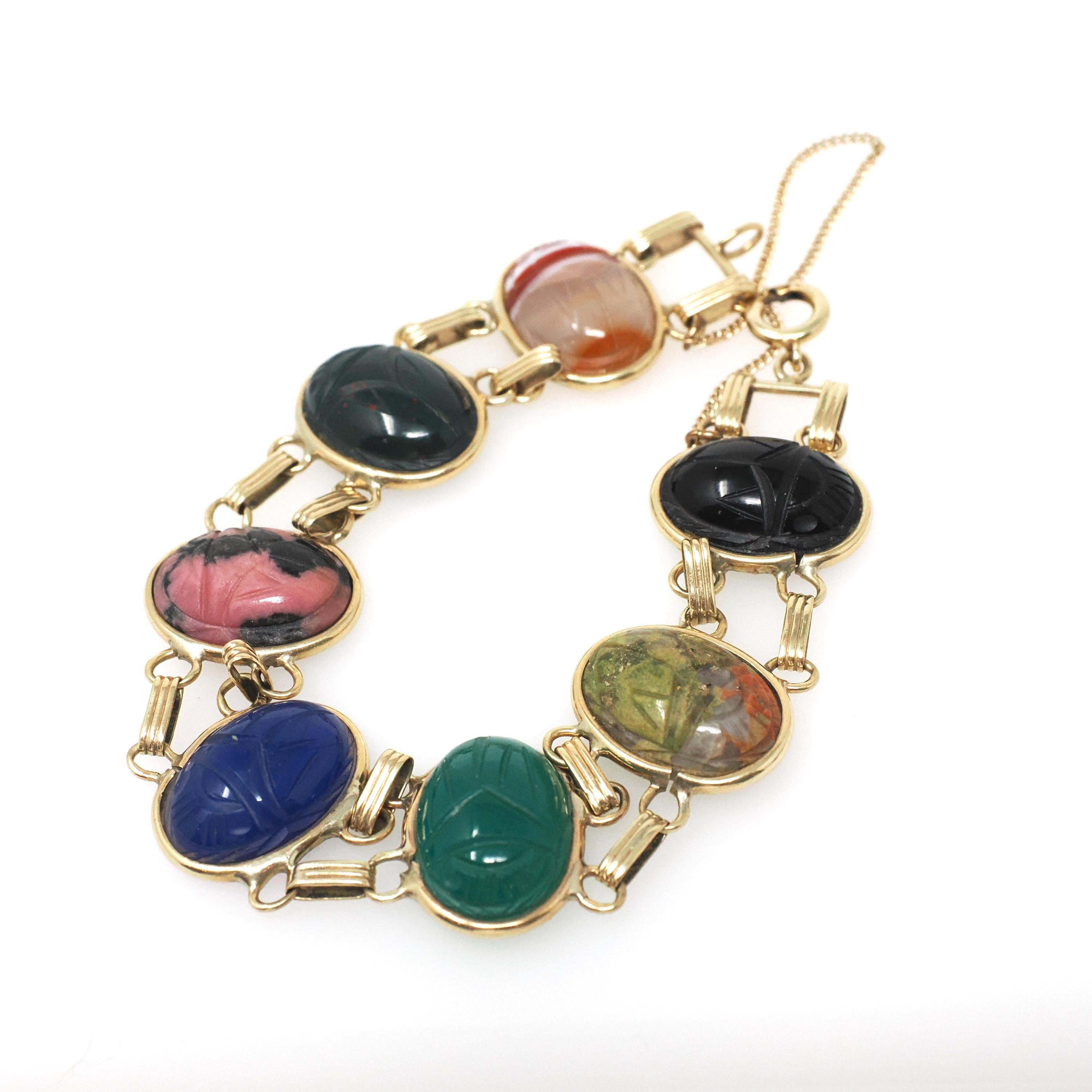 Vintage Scarab Bracelet - 12k Gold Filled Carved Natural Gems - Circa 1960s Egyptian Revival Bloodstone Banded Agate Rhodonite Jewelry