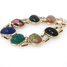 Vintage Scarab Bracelet - 12k Gold Filled Carved Natural Gems - Circa 1960s Egyptian Revival Bloodstone Banded Agate Rhodonite Jewelry