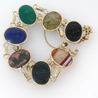 Vintage Scarab Bracelet - 12k Gold Filled Carved Natural Gems - Circa 1960s Egyptian Revival Bloodstone Banded Agate Rhodonite Jewelry
