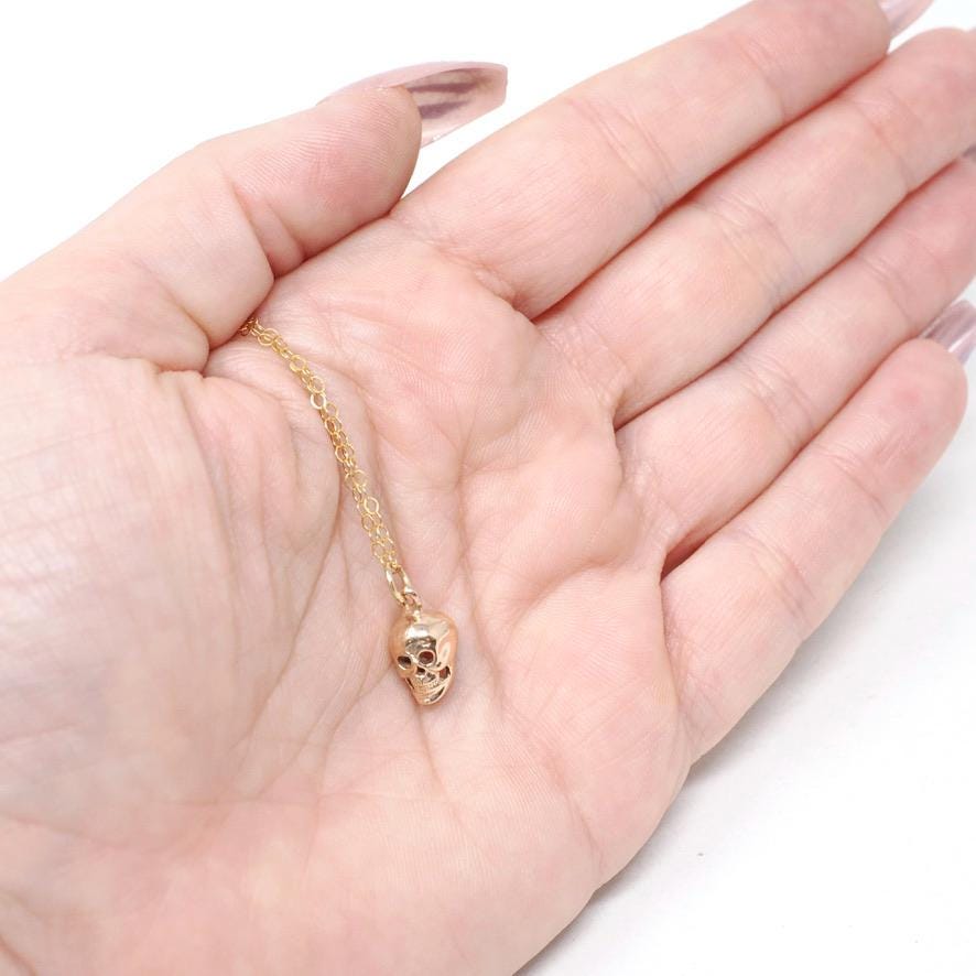 Dainty Skull Charm - Contemporary 14k Rosy Yellow Gold Figural Cranium Pendant Necklace - Circa 2000s Gothic Unique Spooky Statement Jewelry