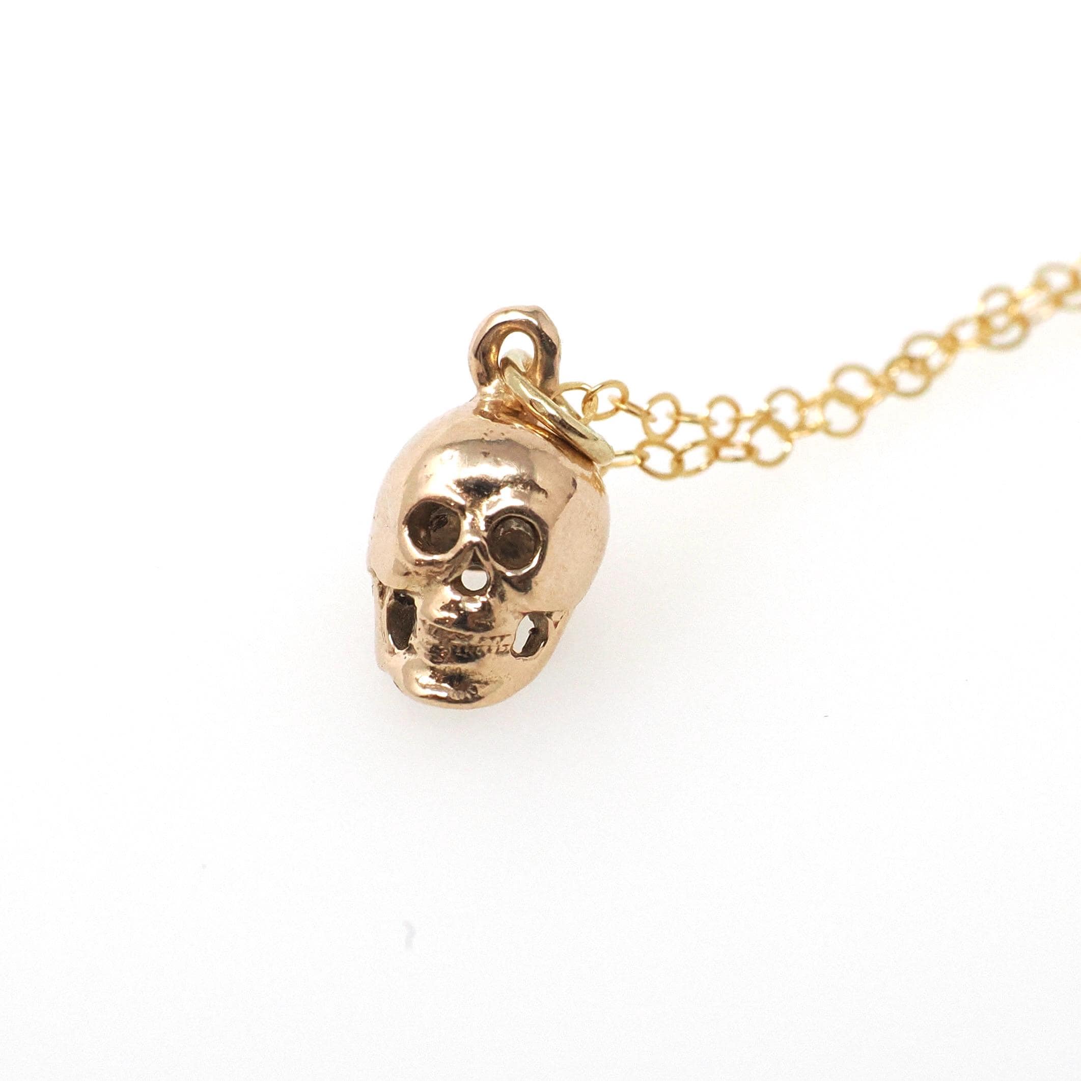 Dainty Skull Charm - Contemporary 14k Rosy Yellow Gold Figural Cranium Pendant Necklace - Circa 2000s Gothic Unique Spooky Statement Jewelry