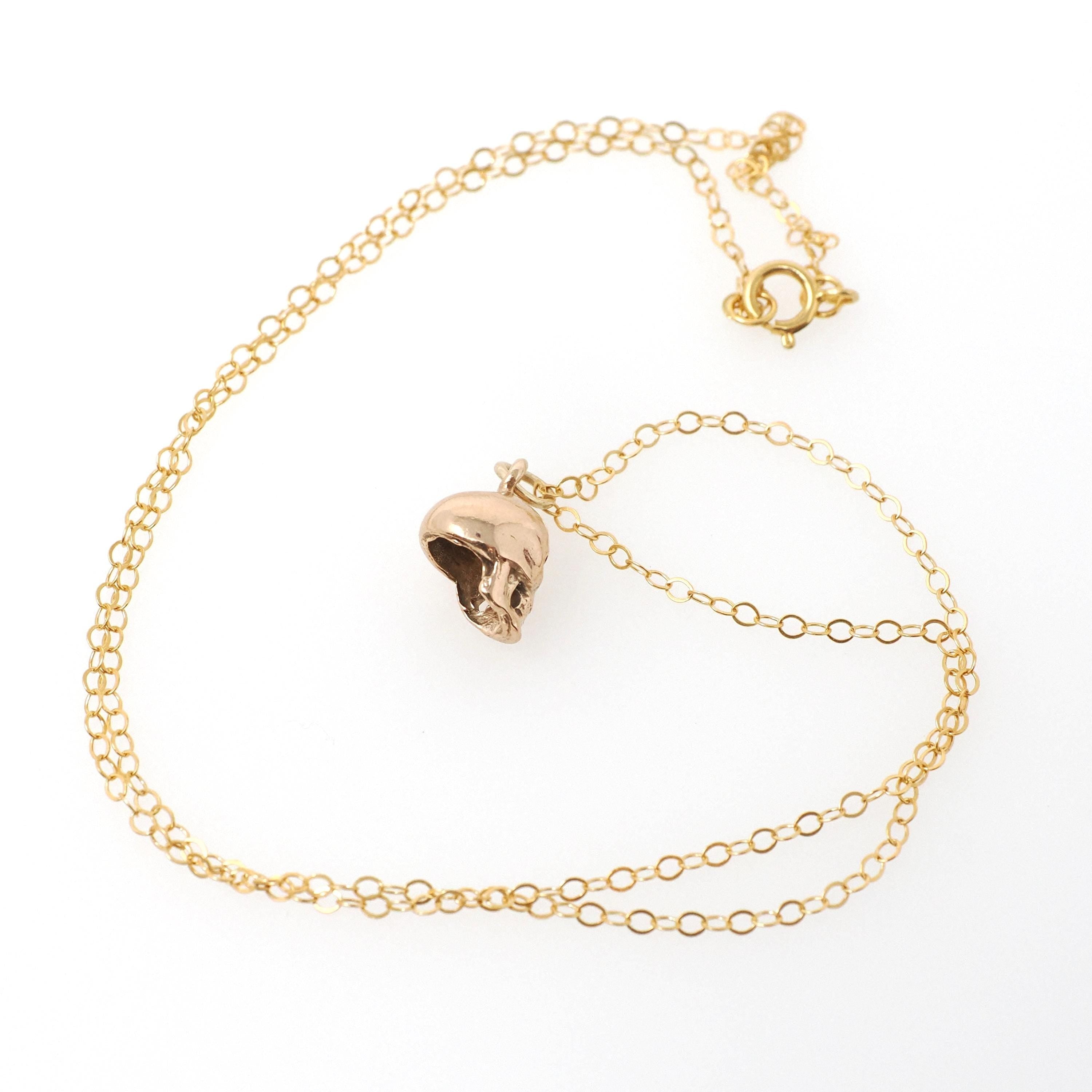 Dainty Skull Charm - Contemporary 14k Rosy Yellow Gold Figural Cranium Pendant Necklace - Circa 2000s Gothic Unique Spooky Statement Jewelry
