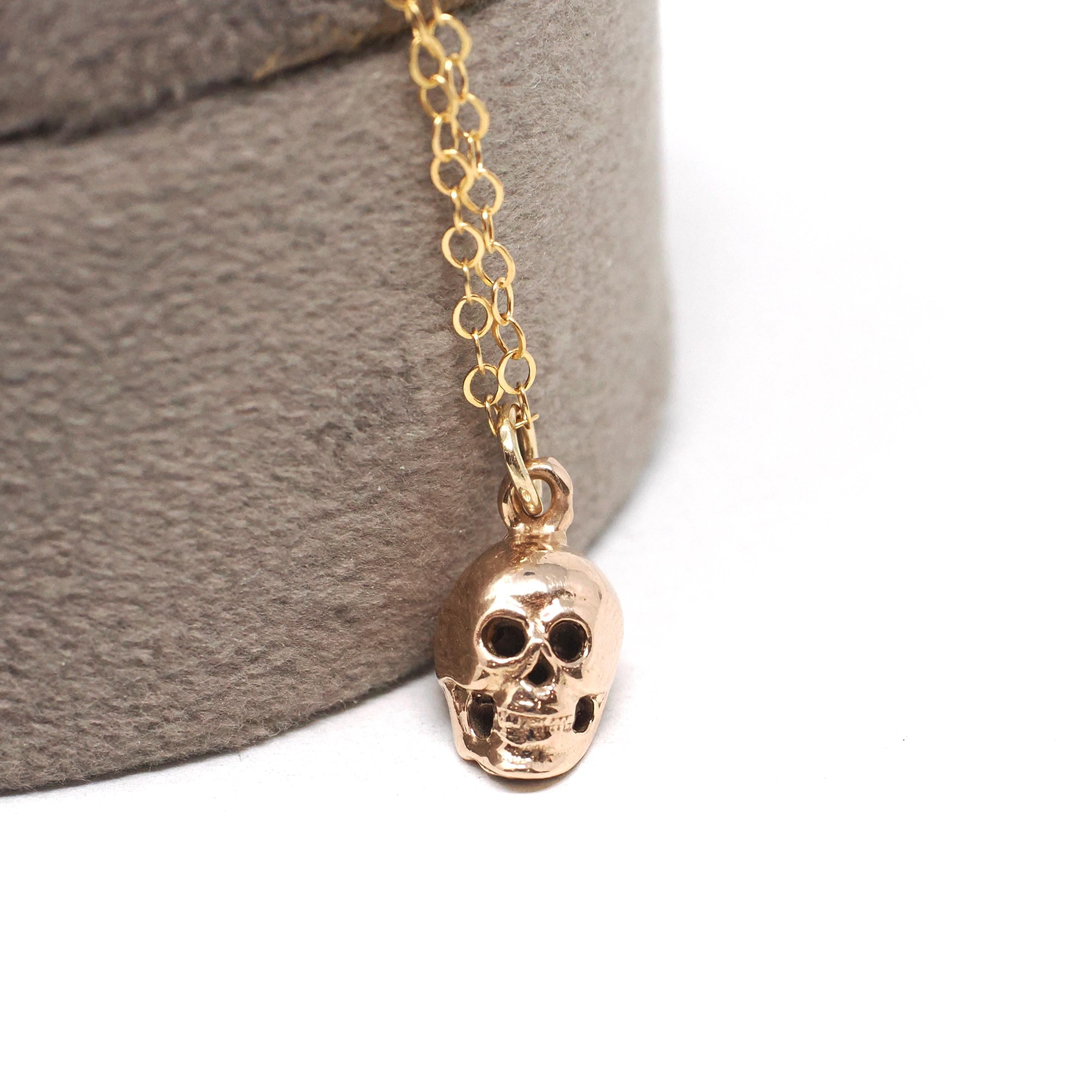 Dainty Skull Charm - Contemporary 14k Rosy Yellow Gold Figural Cranium Pendant Necklace - Circa 2000s Gothic Unique Spooky Statement Jewelry