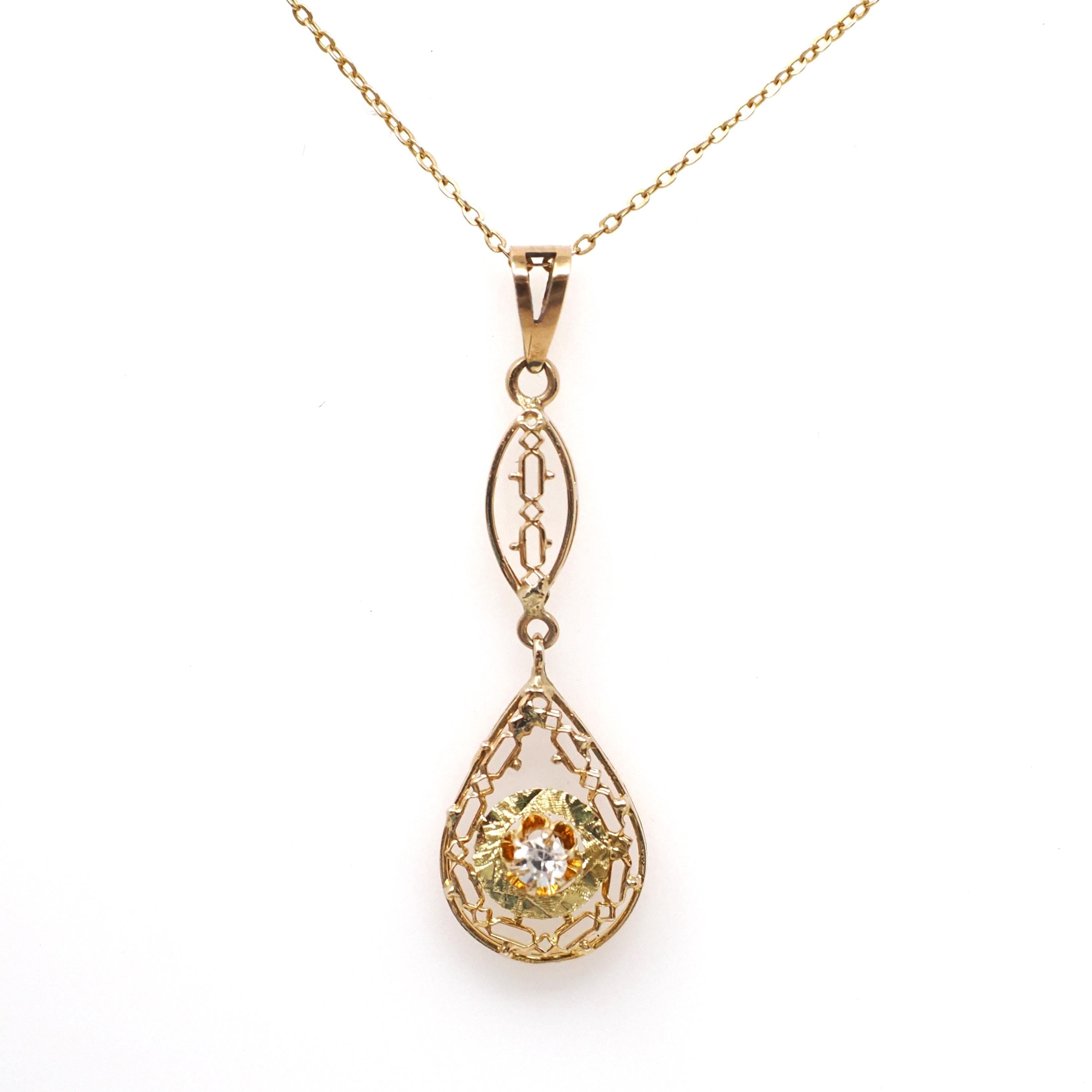 Antique Diamond Pendant - Edwardian 10k Yellow Gold .06 CT Lavalier Necklace - Circa 1910s Buttercup Flower Fine April Birthstone Jewelry